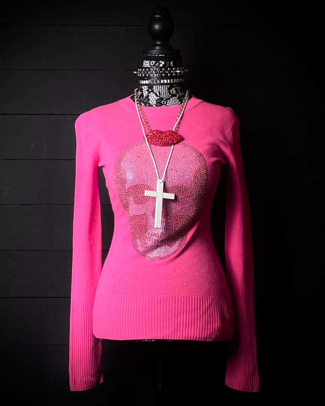 JPN 핑크 스컬 해골 핫픽스 큐빅 캐시미어 니트 롱슬리브 상품이미지1