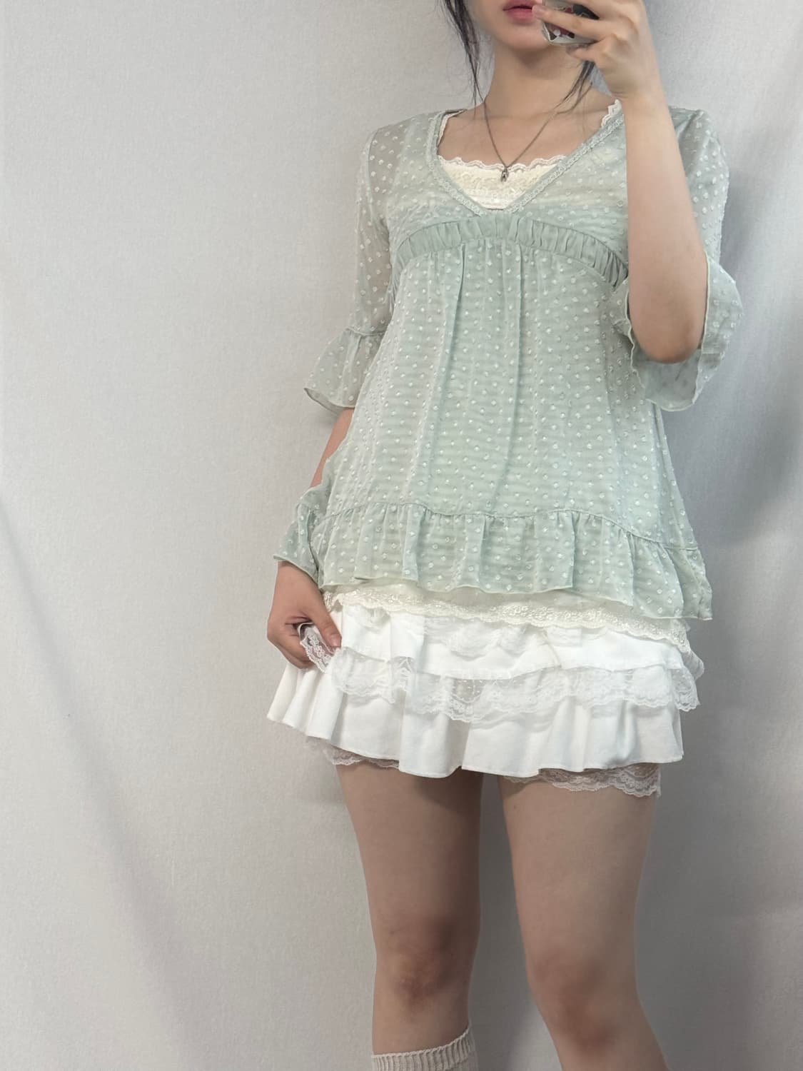 레이스 트리밍 패턴 블라우스 슬리브리스 2pcs SET 상품이미지3