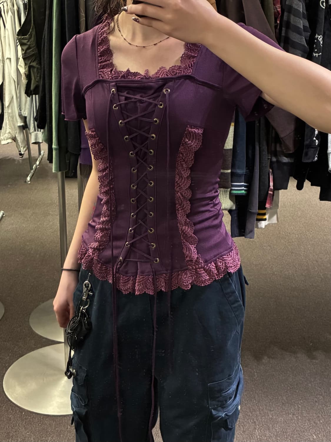 OS)Ozz on 빈티지 여성 레이스업 프릴 숏슬리브 상품이미지2