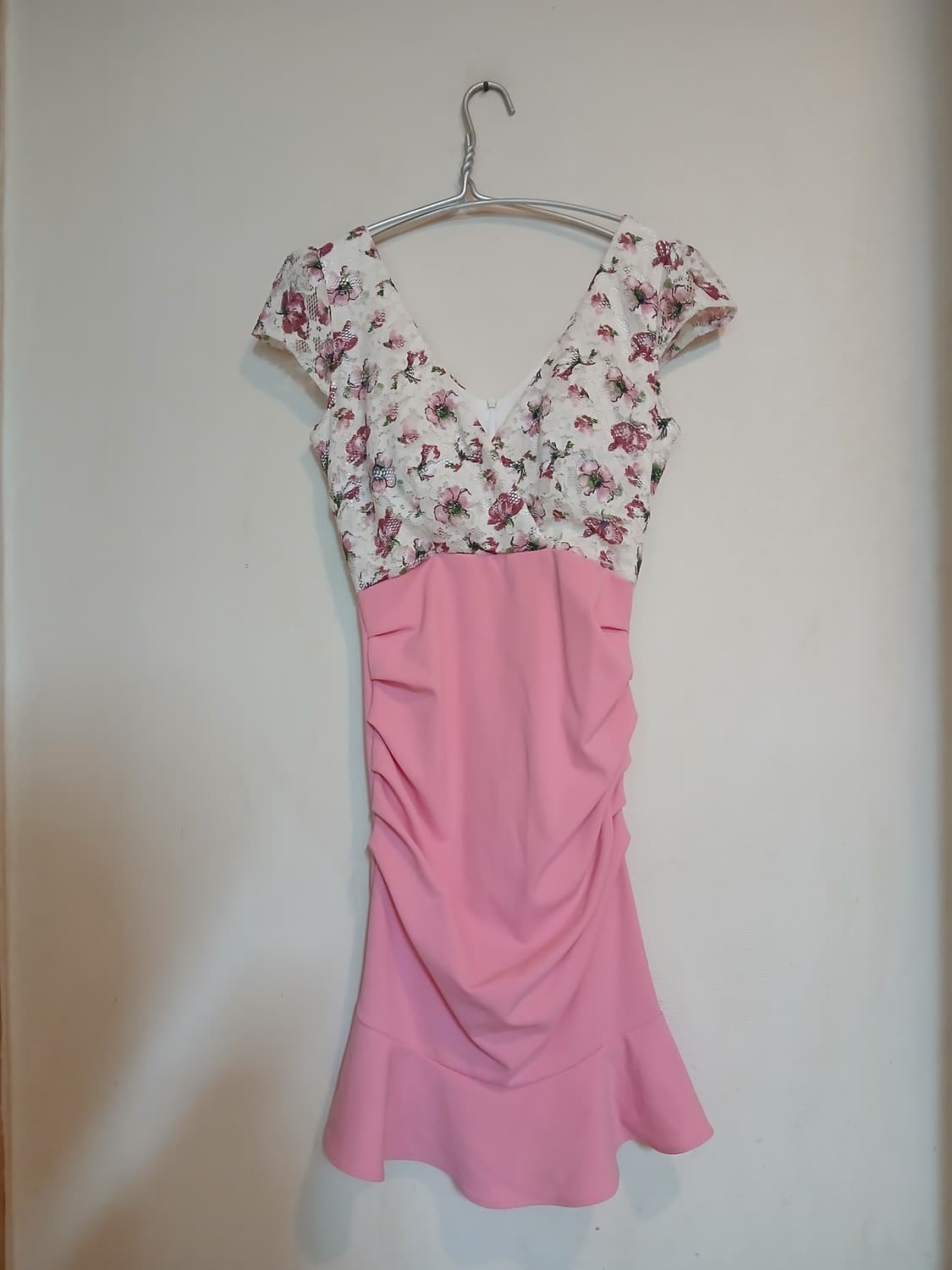 나롱쥐 플라워 레이스 핑크 셔링 원피스 섹시 홀복 캡 드레스 데이트 하객 상품이미지1