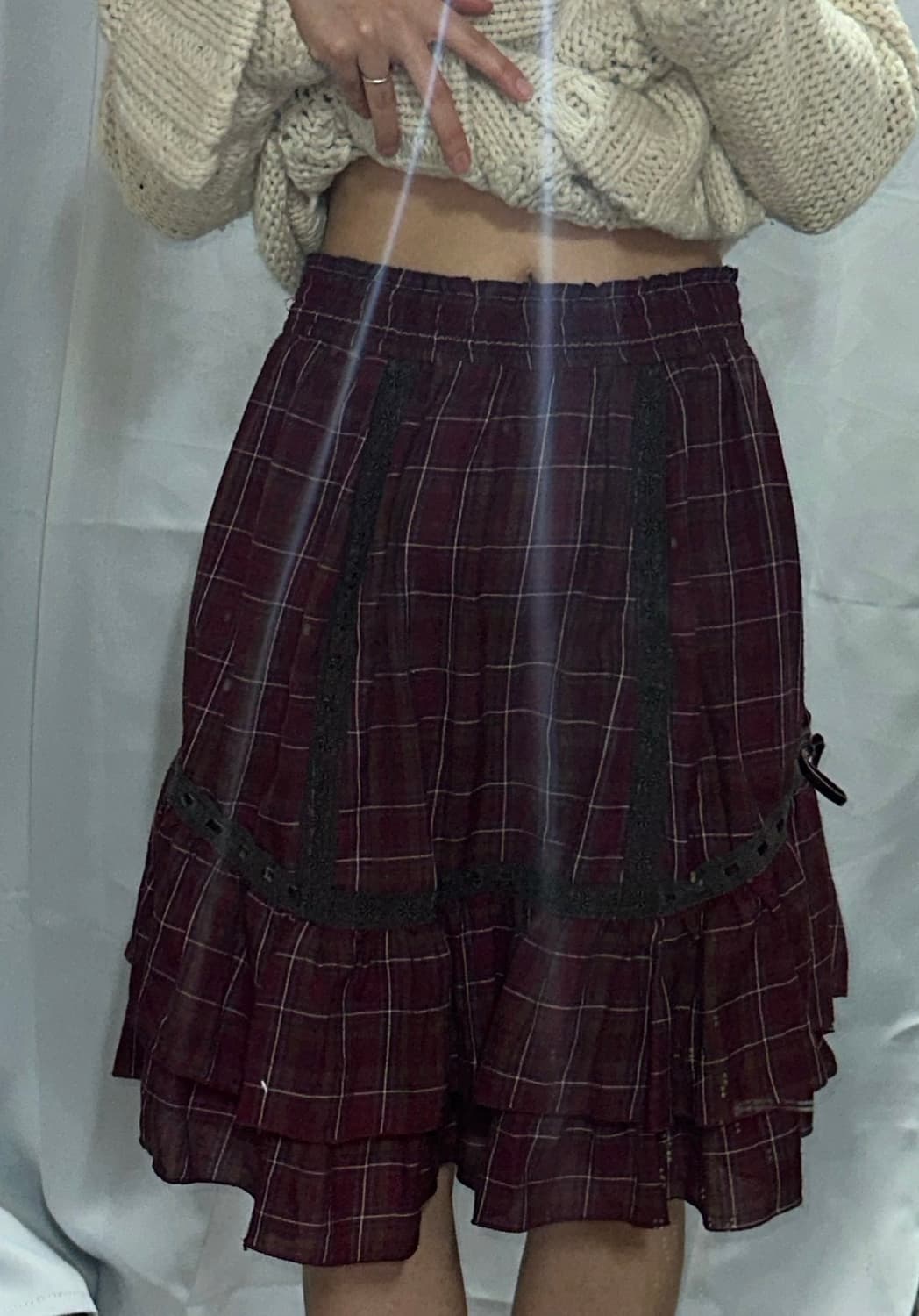 모리 니트 떡볶이 가디건 체크 언발 리본 스커트 코디 상품이미지4