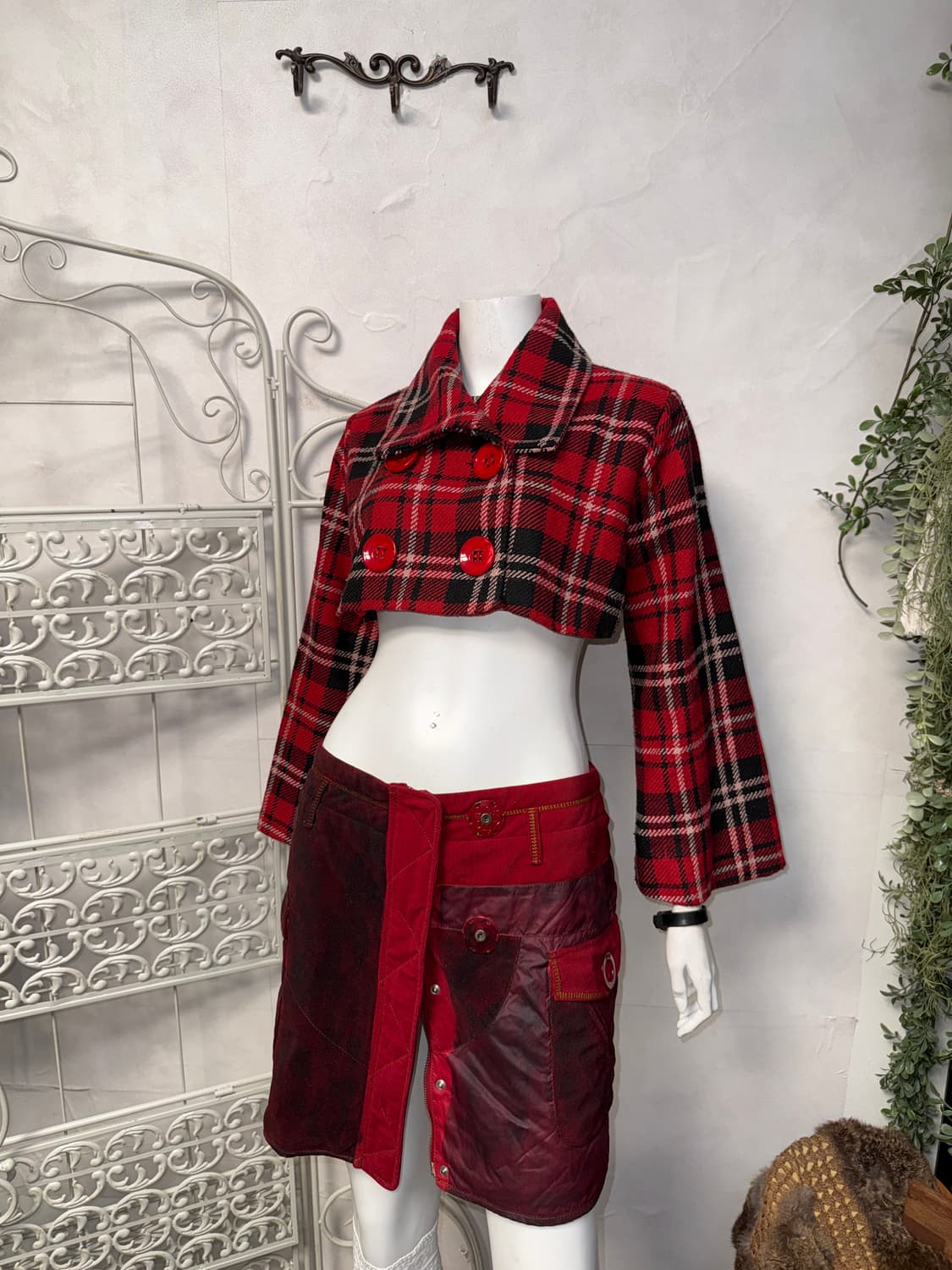 Red black tartan check crop double jk 상품이미지4