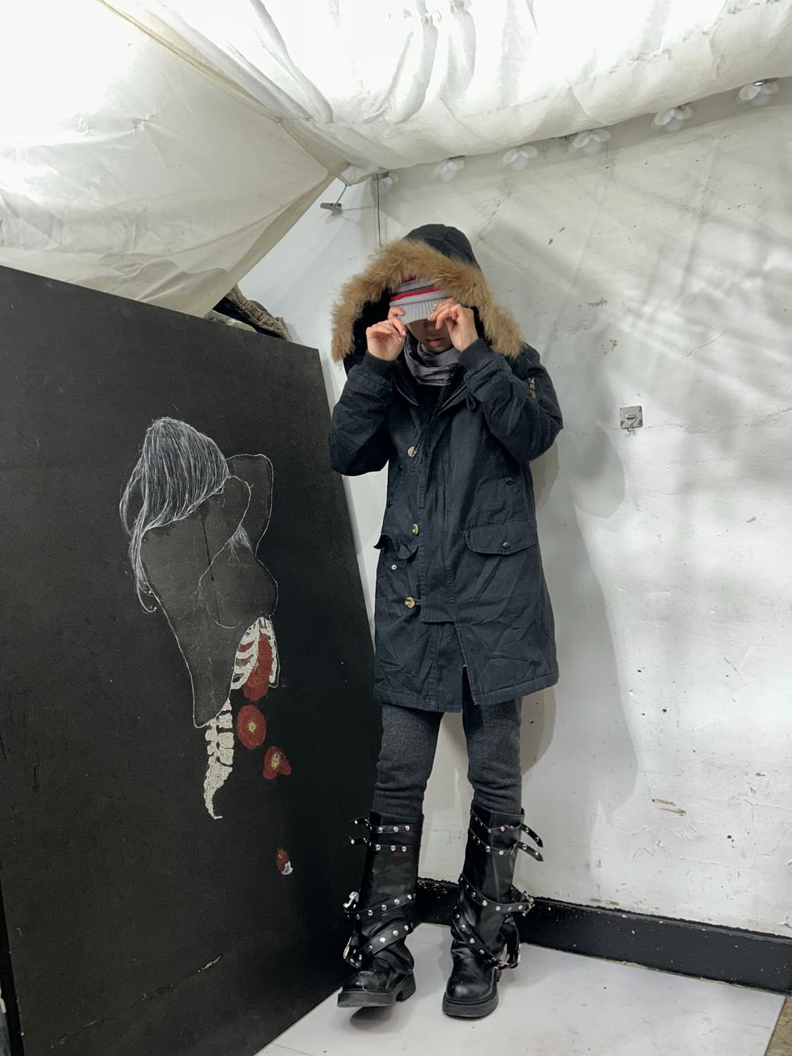 일본빈티지 RL 블랙 울프죠 성조기 자수 퍼 후드 개파카 야상 M 상품이미지4