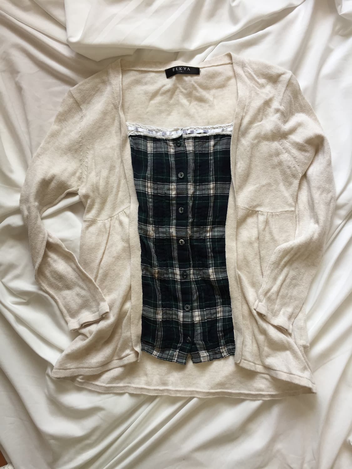 체크 레이스 레이어드 티셔츠 상품이미지1