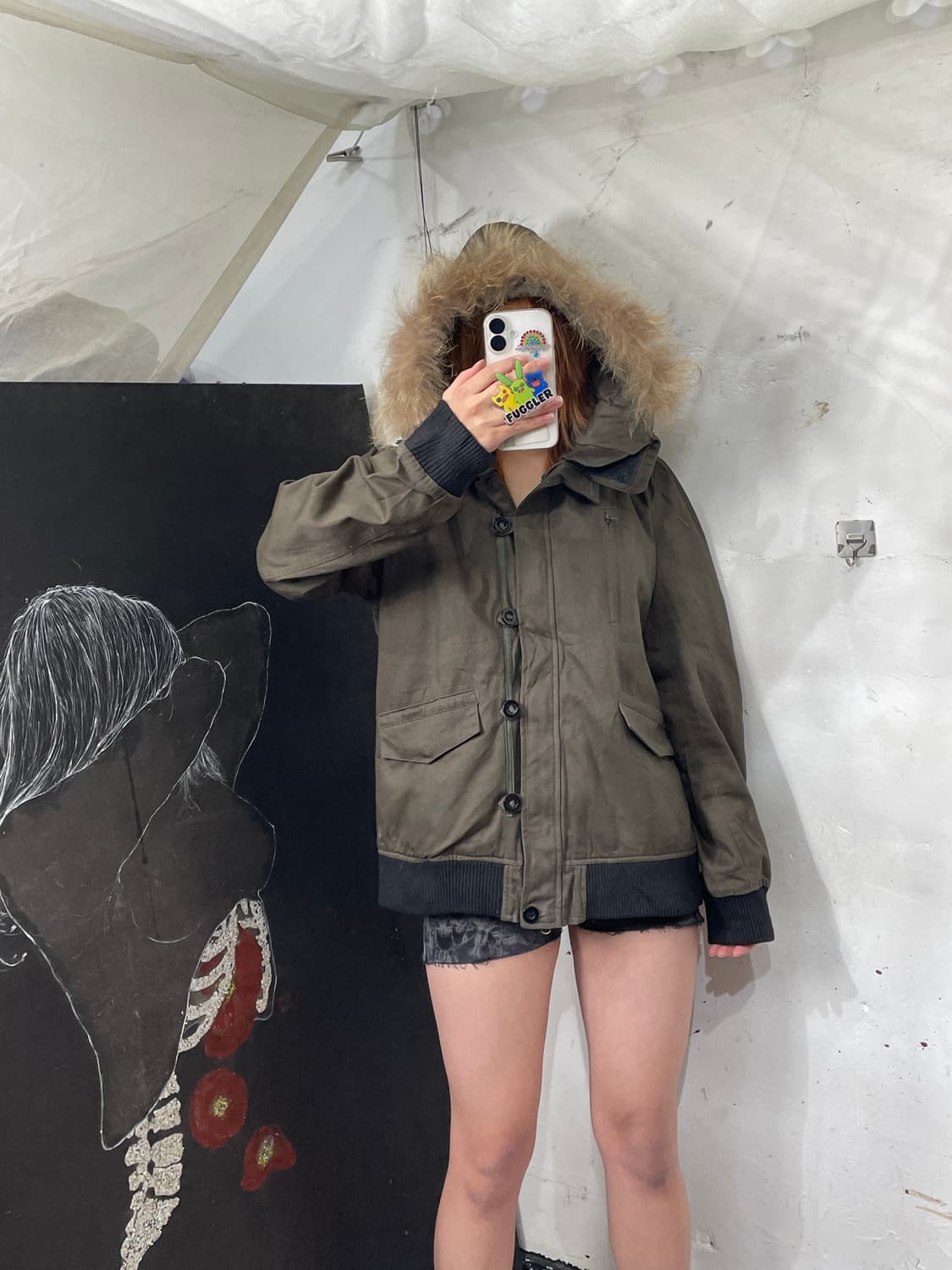 일본빈티지 울프죠 퍼 후드 자켓 점퍼 y2k 크롭 야상 M. 상품이미지1