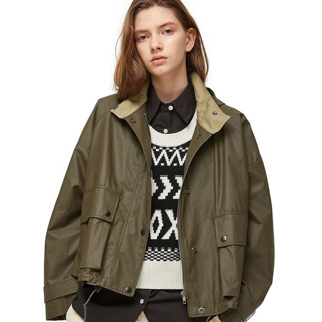 새상품 스튜디오 톰보이 후디 코팅 점퍼 야상 카키 상품이미지5