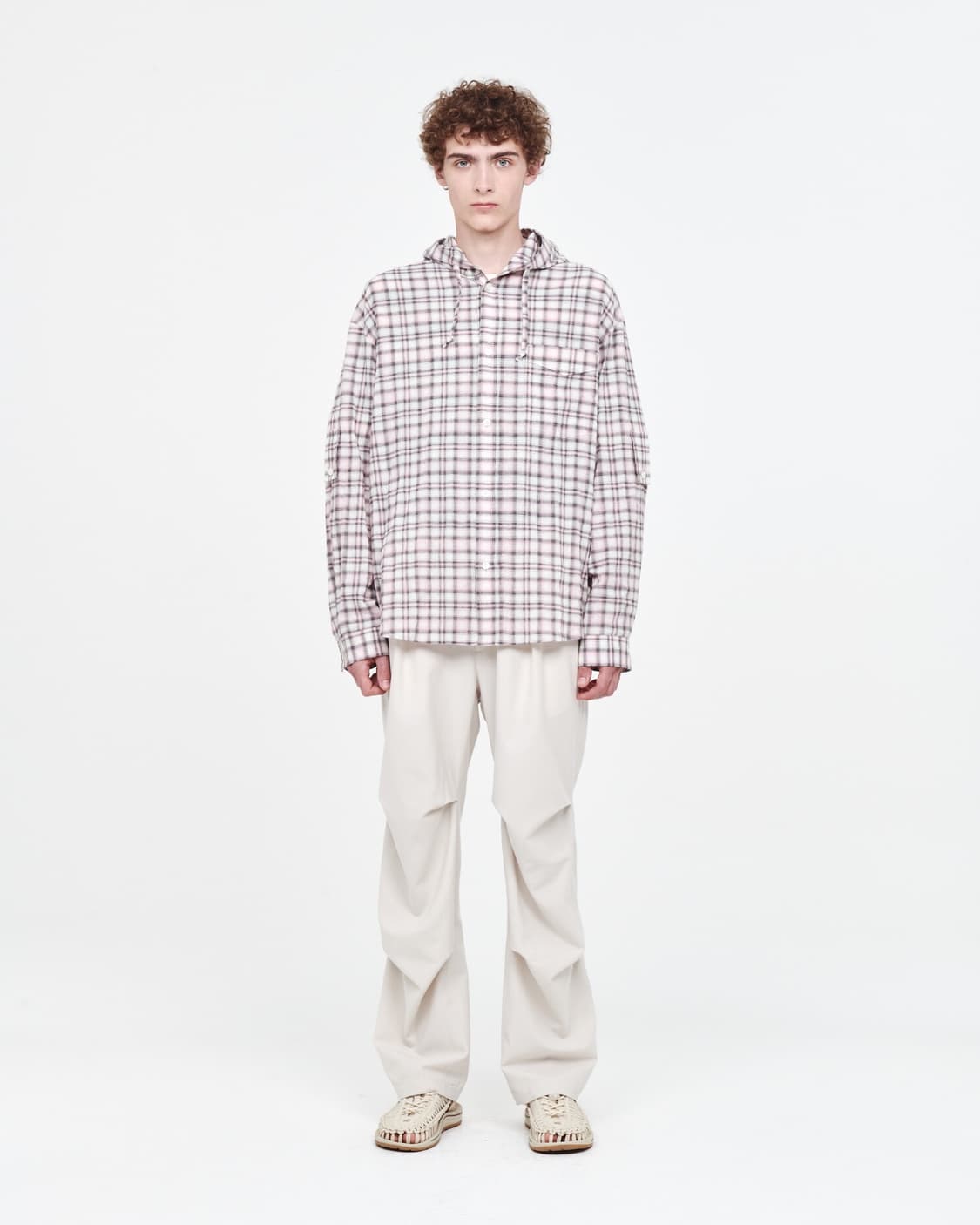 애프터프레이 오버사이즈드 체크 후디 셔츠 더스트핑크 상품이미지2