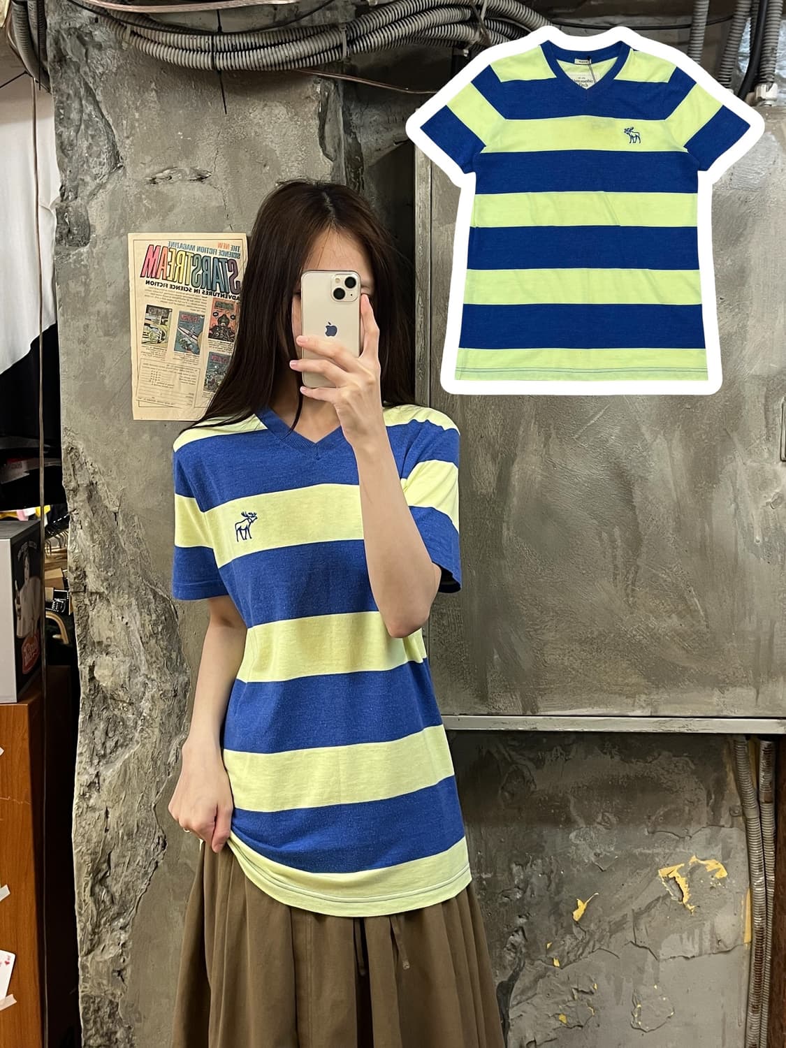 아베크롬비 브이넥 스트라이프 반팔티 블루 L #csz709 상품이미지1