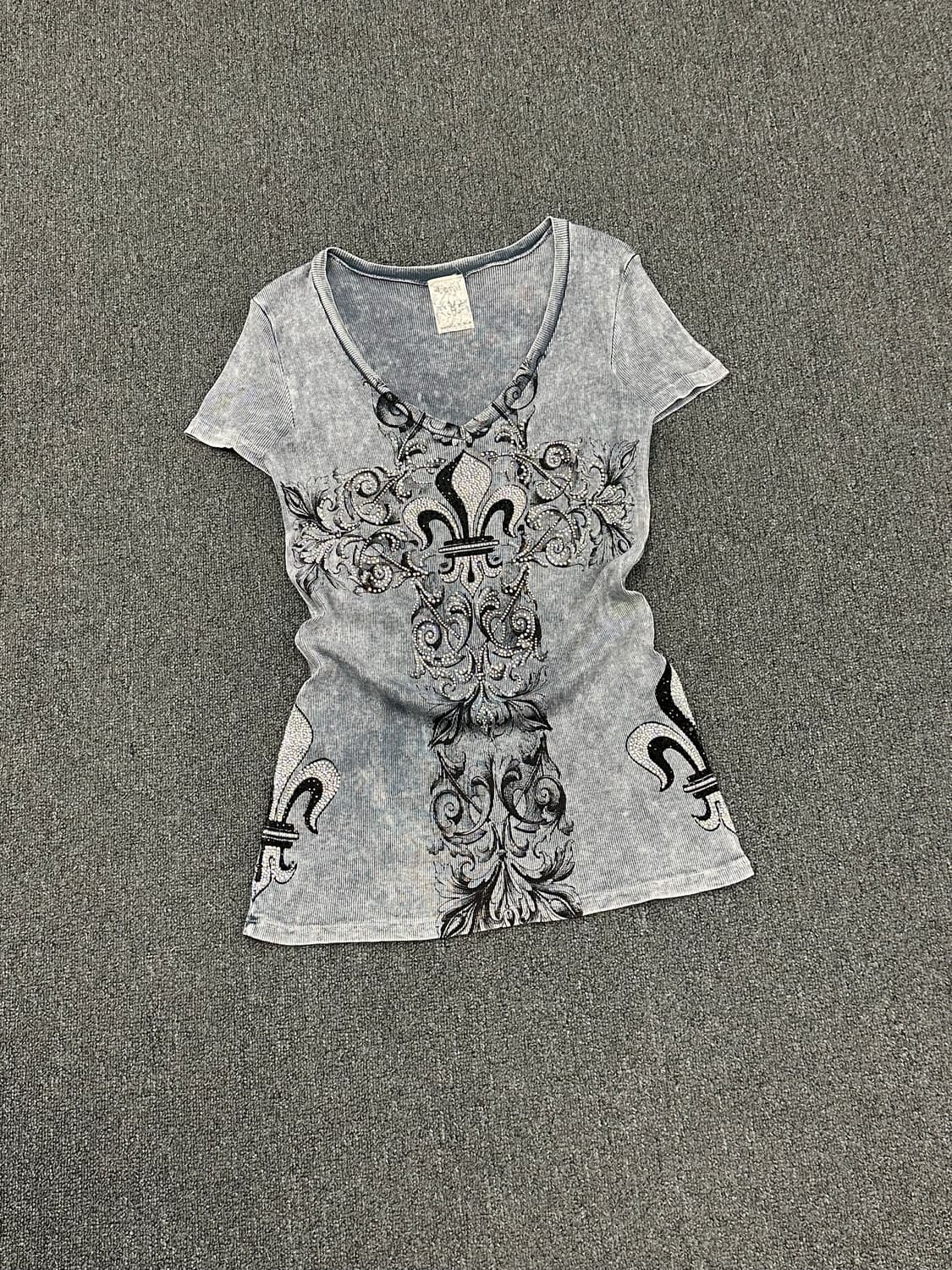 OS)Japanese vintage 여성 문양 비즈 디테일 그레이 반팔 상품이미지1