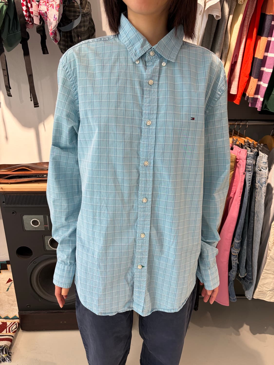 TOMMY HILFIGER 80's 2PLY 스카이블루 체크 셔츠 L 상품이미지2