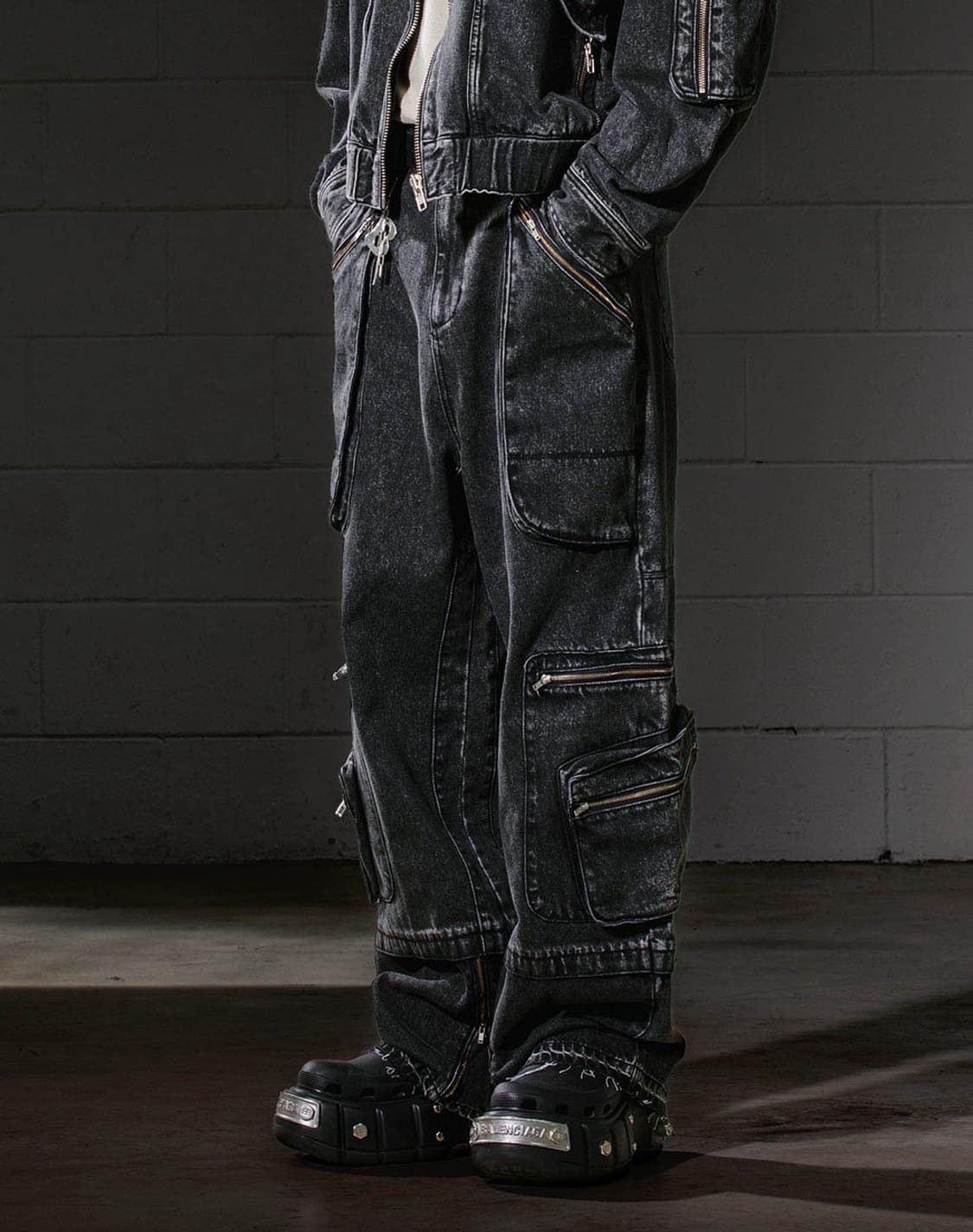 [당일배송] 빅유니온 M-ZIPPER 블랙 워싱 데님 와이드 팬츠  상품이미지4