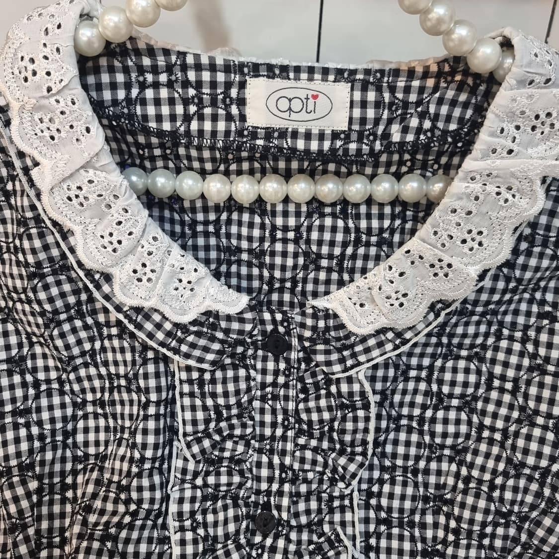apti 레이스 깅엄체크 반팔 블라우스 상품이미지3