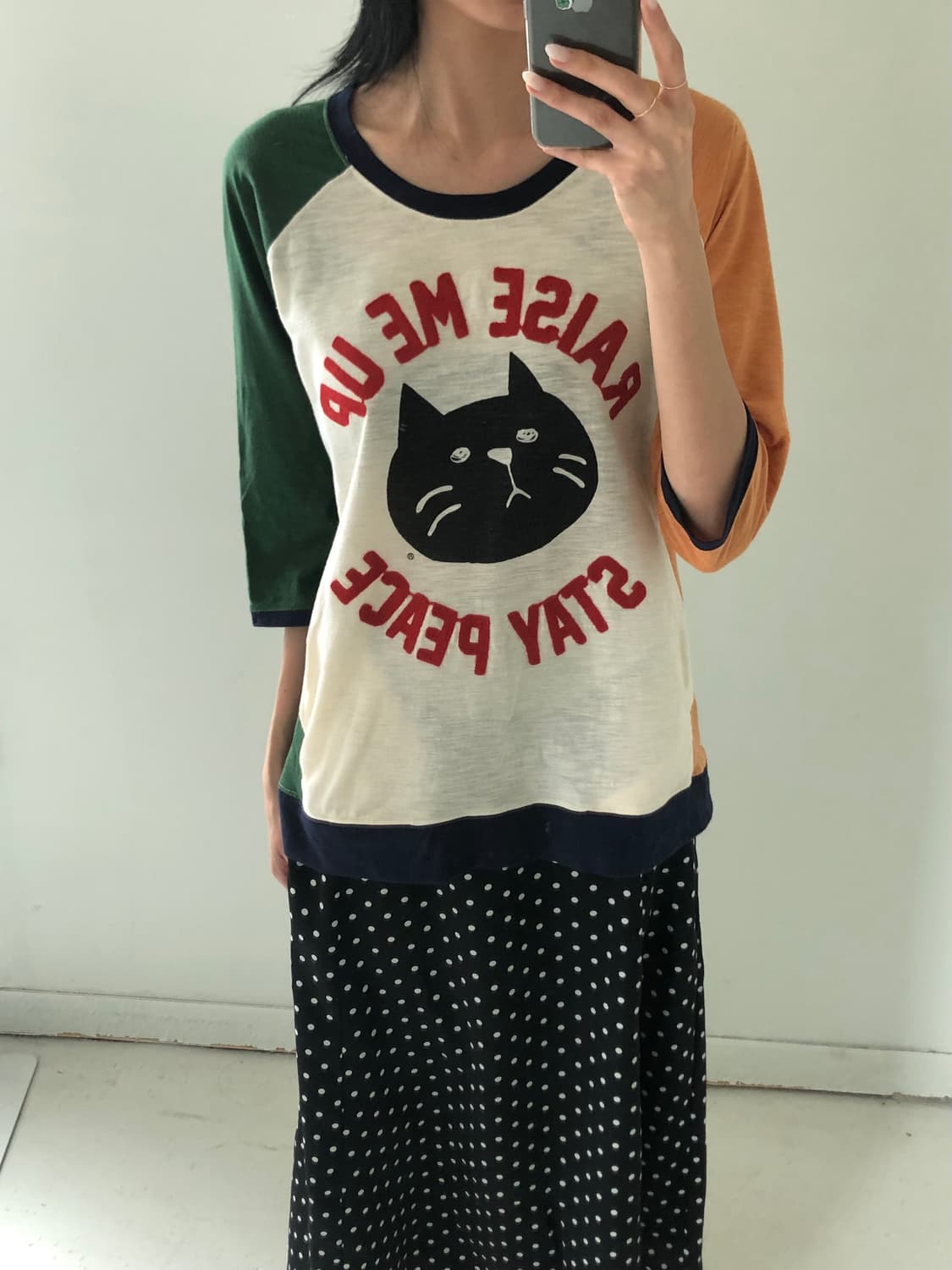 일본빈티지 고양이 자수 티셔츠 상품이미지1