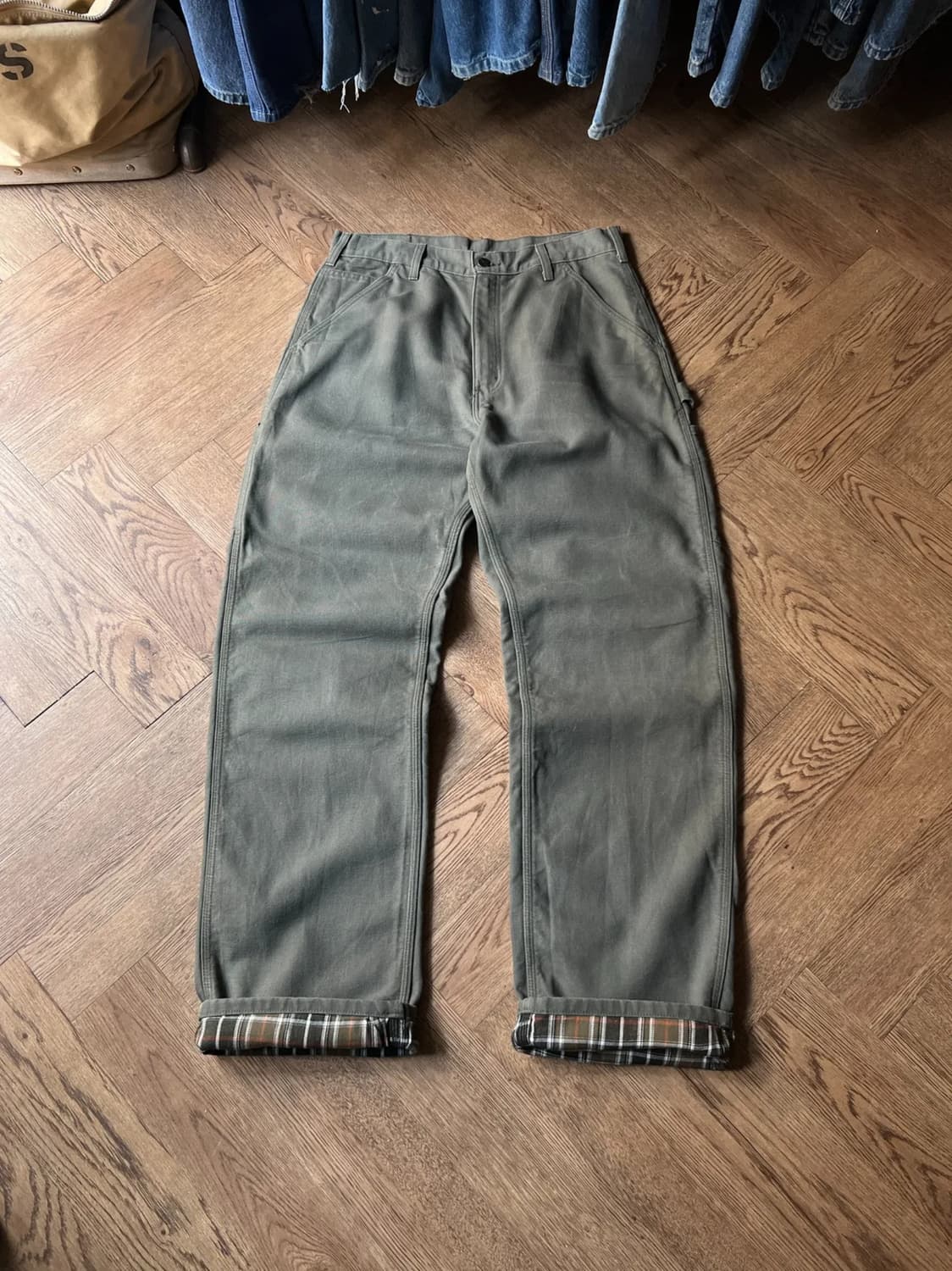 [33]칼하트 USA 체크 라이닝 모스그린 싱글니 카펜터 워크 팬츠 상품이미지1