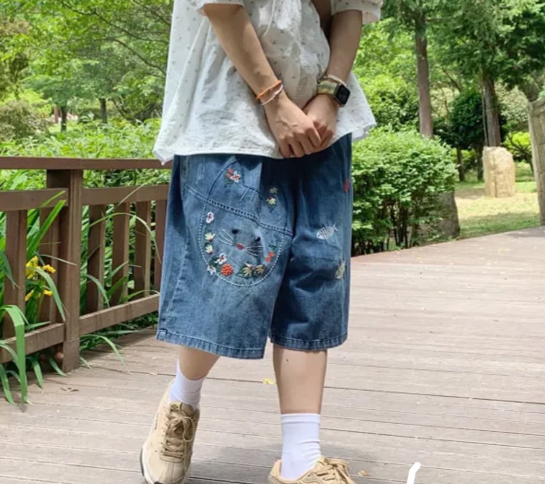 고양이 자수 버뮤다 팬츠 상품이미지2