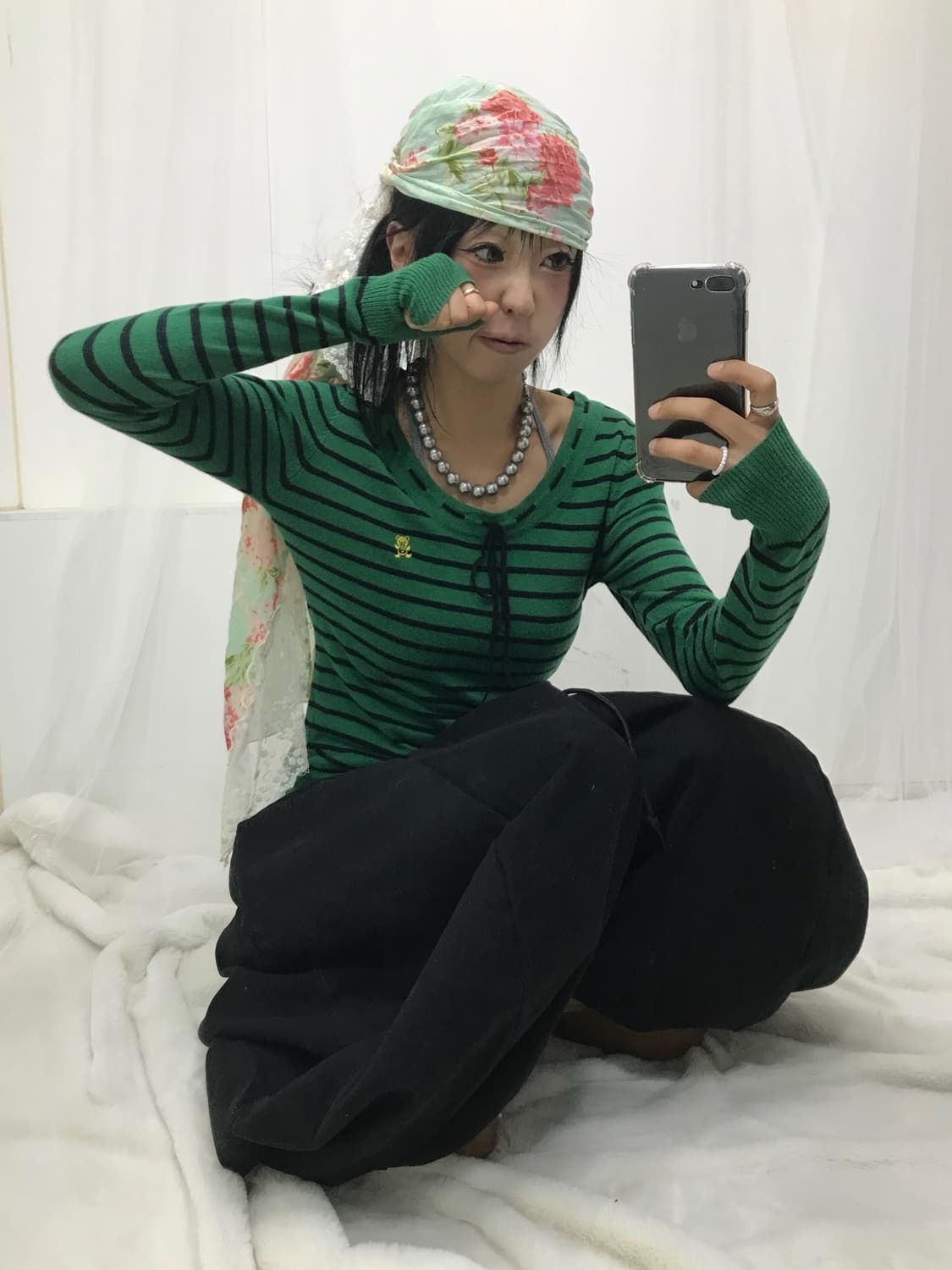 히스테릭글래머 퍽베어 스트라이프 리본 디테일 얇니트 상품이미지3