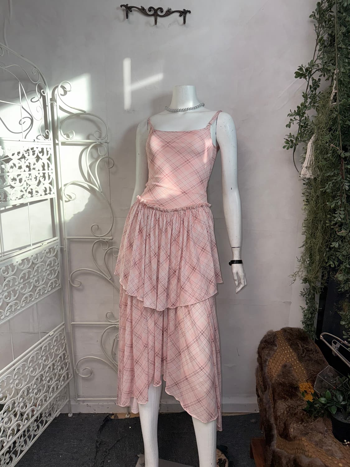 Baby pink check chiffon layered ops 상품이미지5