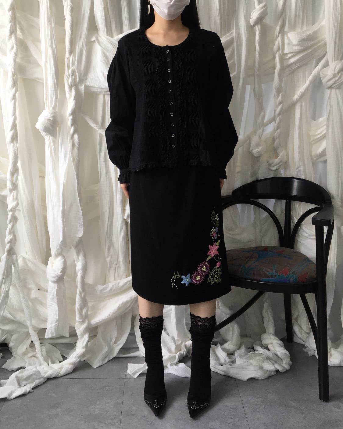Flower needle work point woolen skirt 상품이미지5