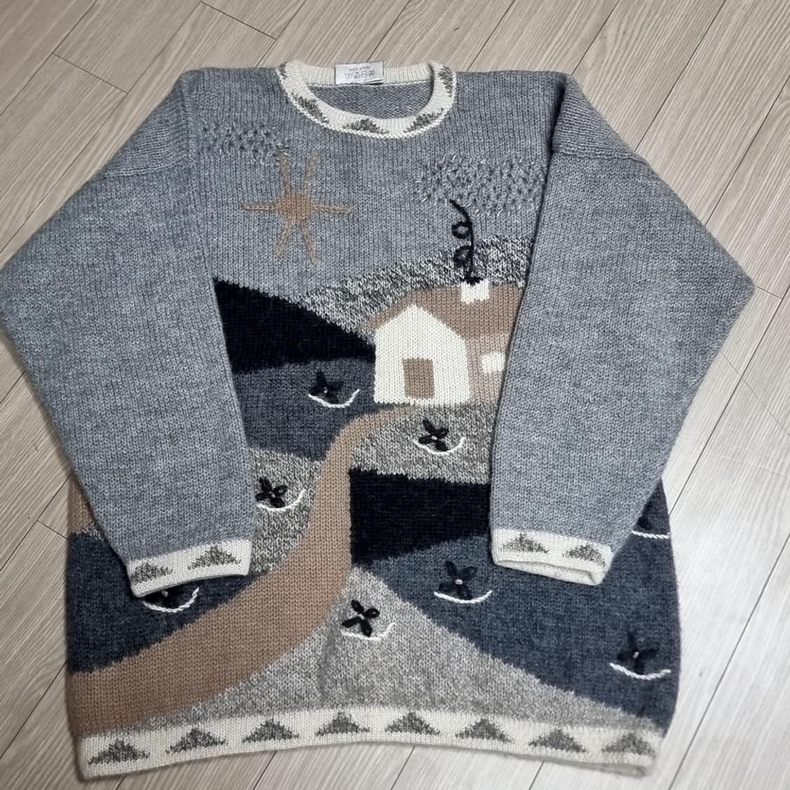 페루제Raffa 100프로 알파카 빈티지 패턴 니트 스웨터 그레이(실측) 상품이미지1