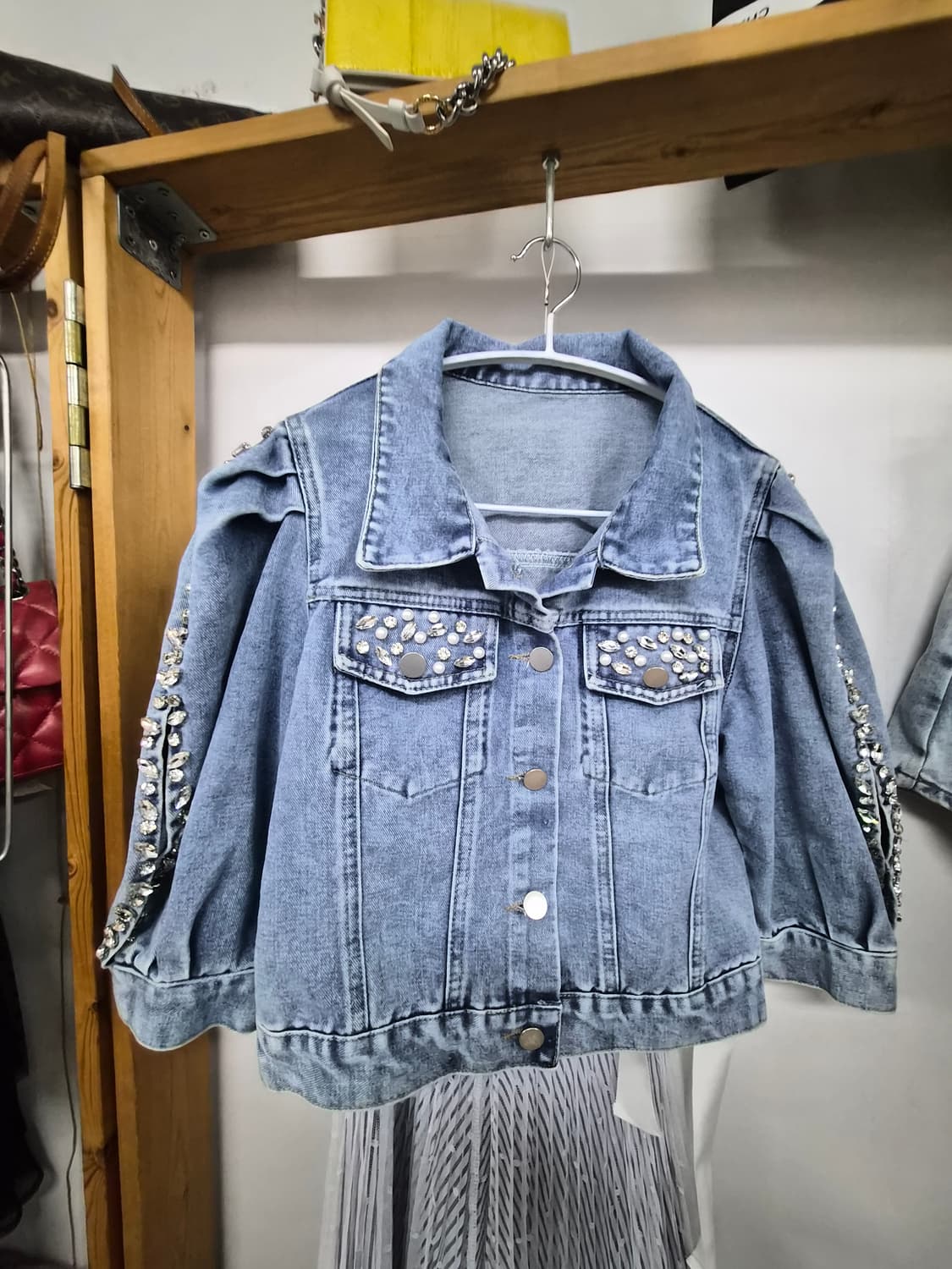 스톤비즈 벌룬 반팔 데님자켓.지고트 레이스 원피스 상품이미지2