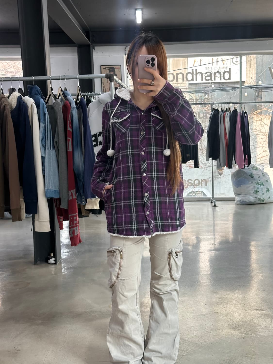 빈티지 폼폼이 체크 후드셔츠자켓 상품이미지2