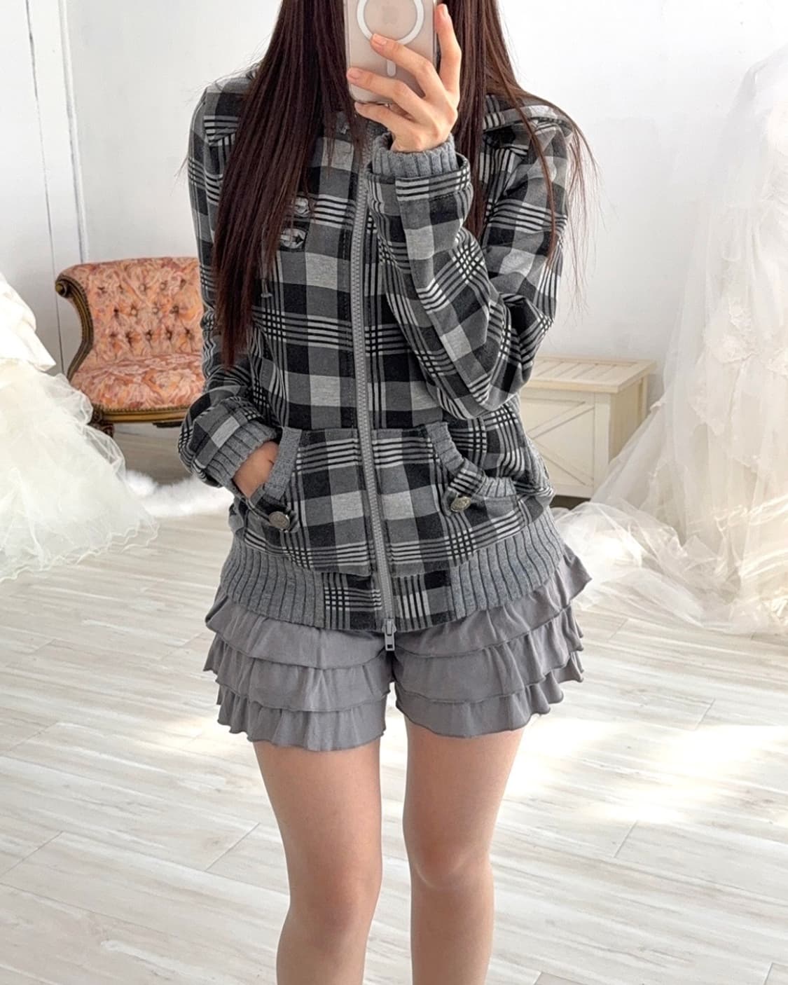 Y2k Gray check zip-up 상품이미지7