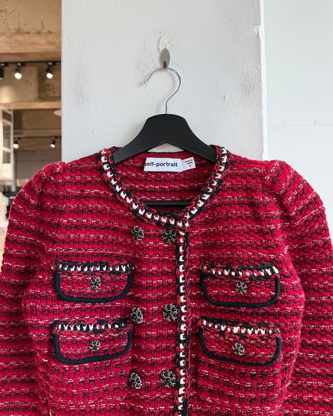 셀프 포트레이트 레드 트위드 니트 크롭 가디건  상품이미지3