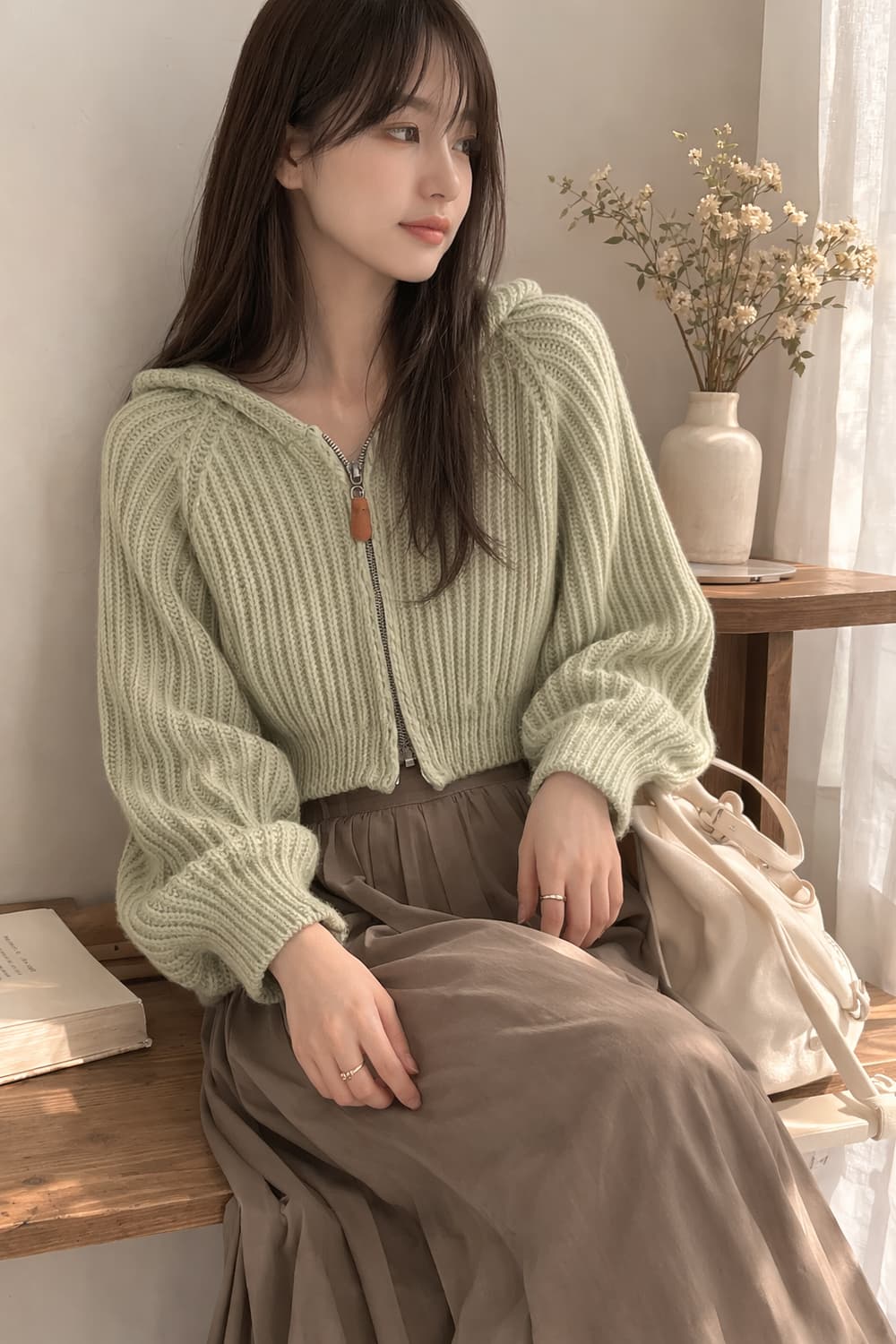 세이지 크롭 니트 후드집업 / 여리핏 볼륨소매 피스타치오 봄후드니트 상품이미지1