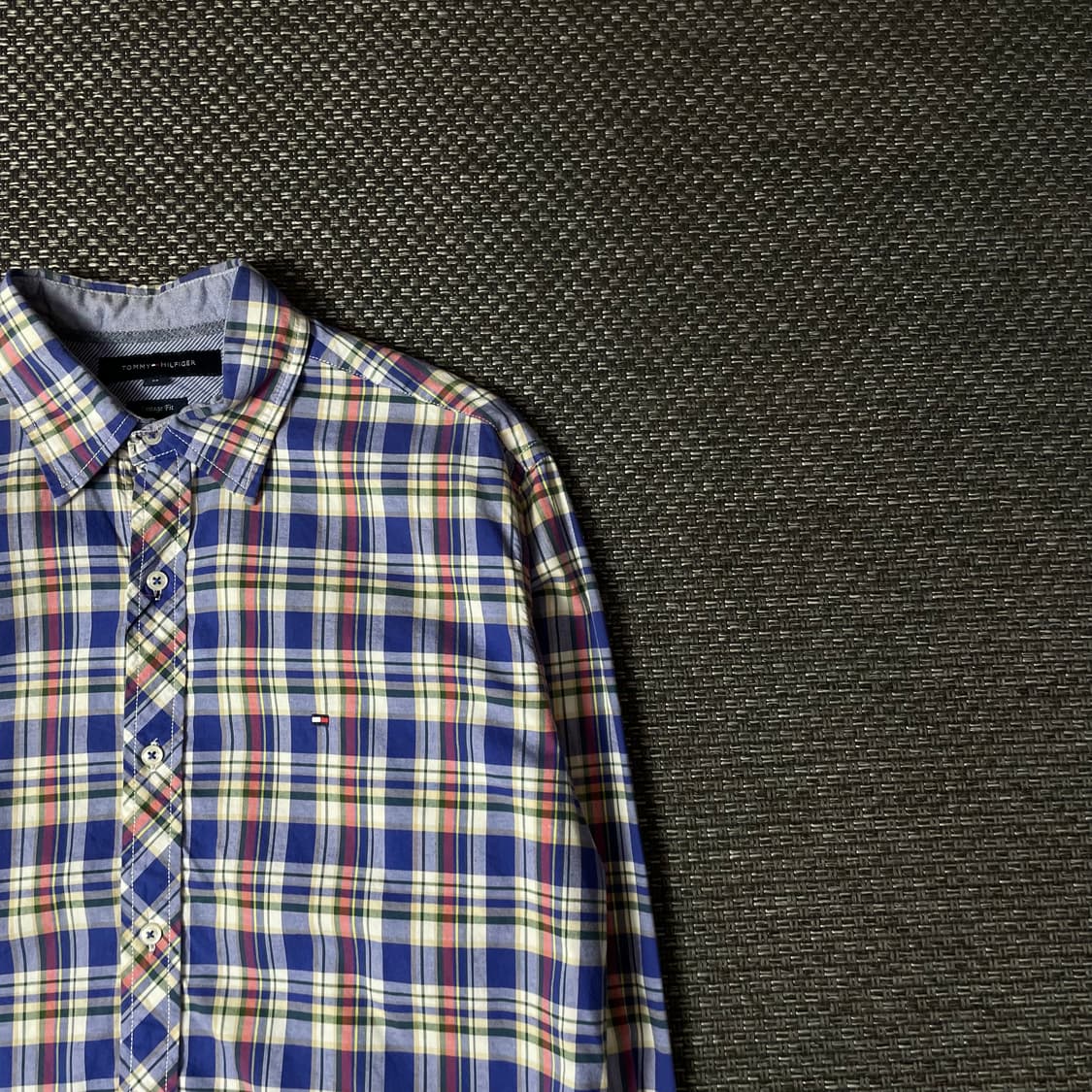 타미힐피거 블루 옐로우 그린 멀티배색 체크 긴팔 셔츠 빈티지핏 M 상품이미지3