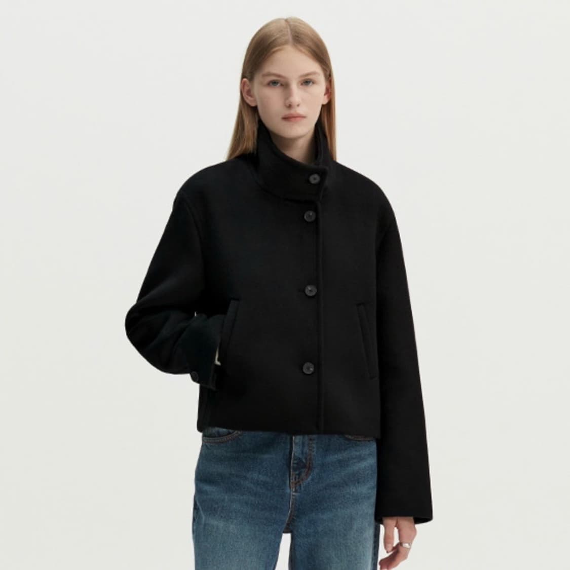 몽돌 울 하이넥 크롭 코트 블랙 상품이미지2