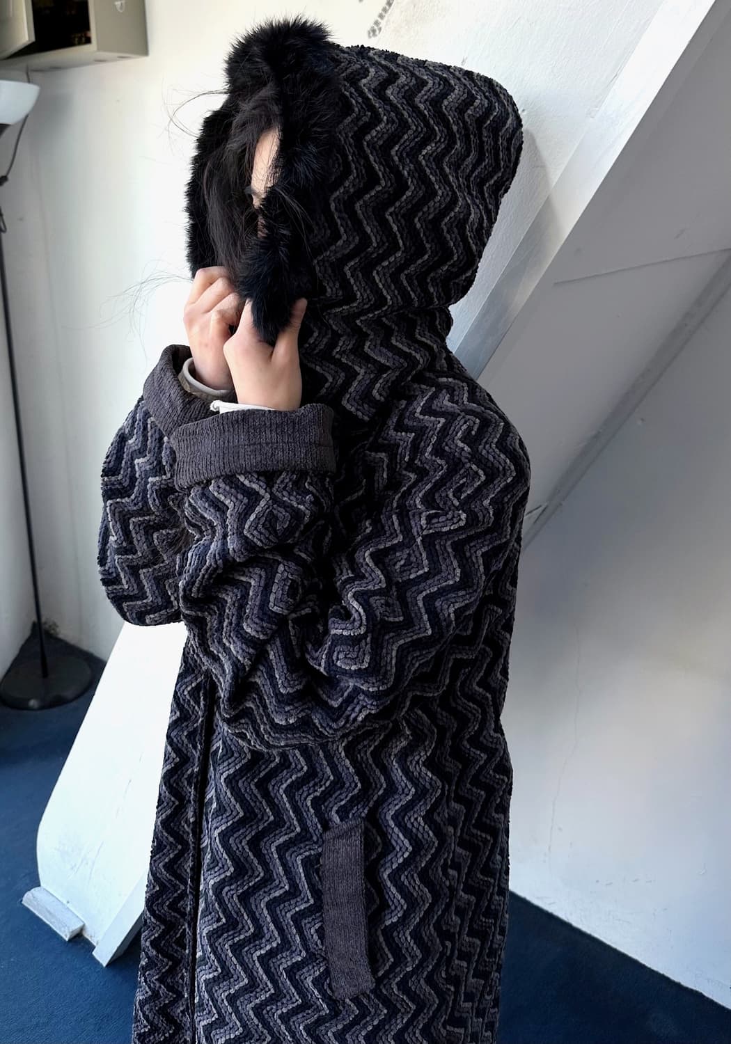 Design knitted fabric 2way hood coat 상품이미지6