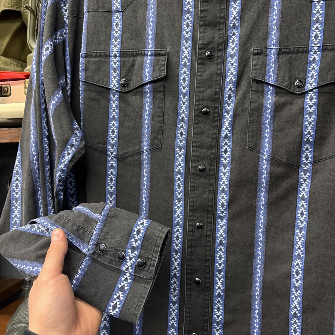 90s 랭글러 스트라이프 나바호 블랙펄스냅 웨스턴셔츠 N599 상품이미지5