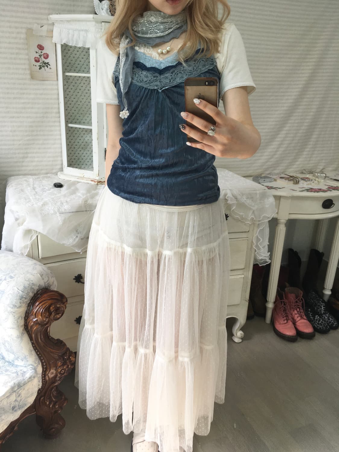 Set)블루 벨벳 레이스 나시 + 레이스 오프숄더 반팔+소라레이스머플러 상품이미지6