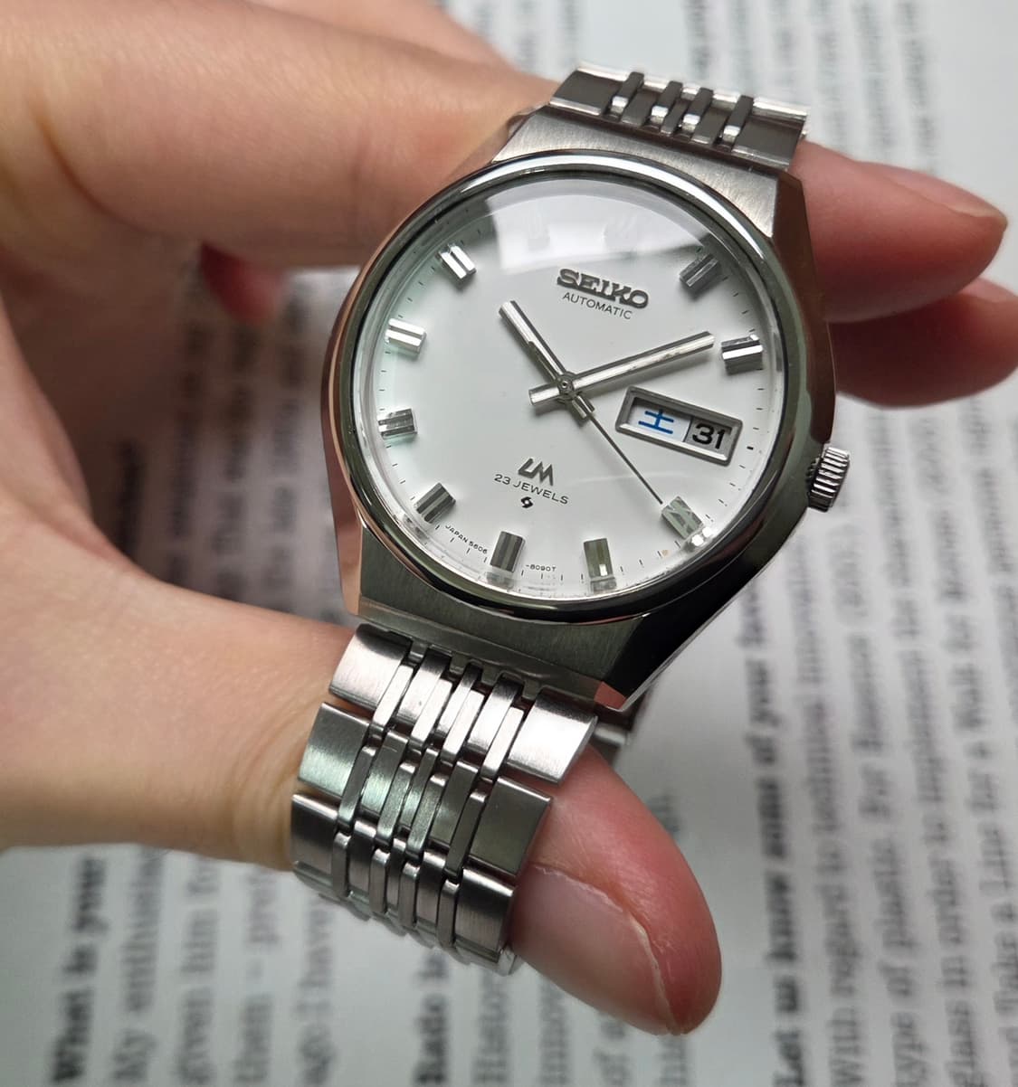 레어] 빈티지 세이코 LM로드매틱 화이트판 한자 데이데이트 쌀알 브레이슬 상품이미지4