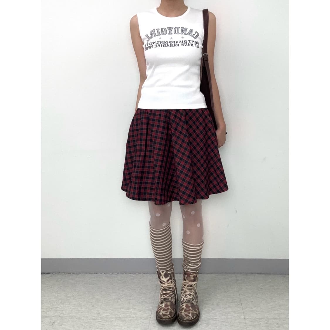 빈티지 레드 체크 미디 스커트 상품이미지5