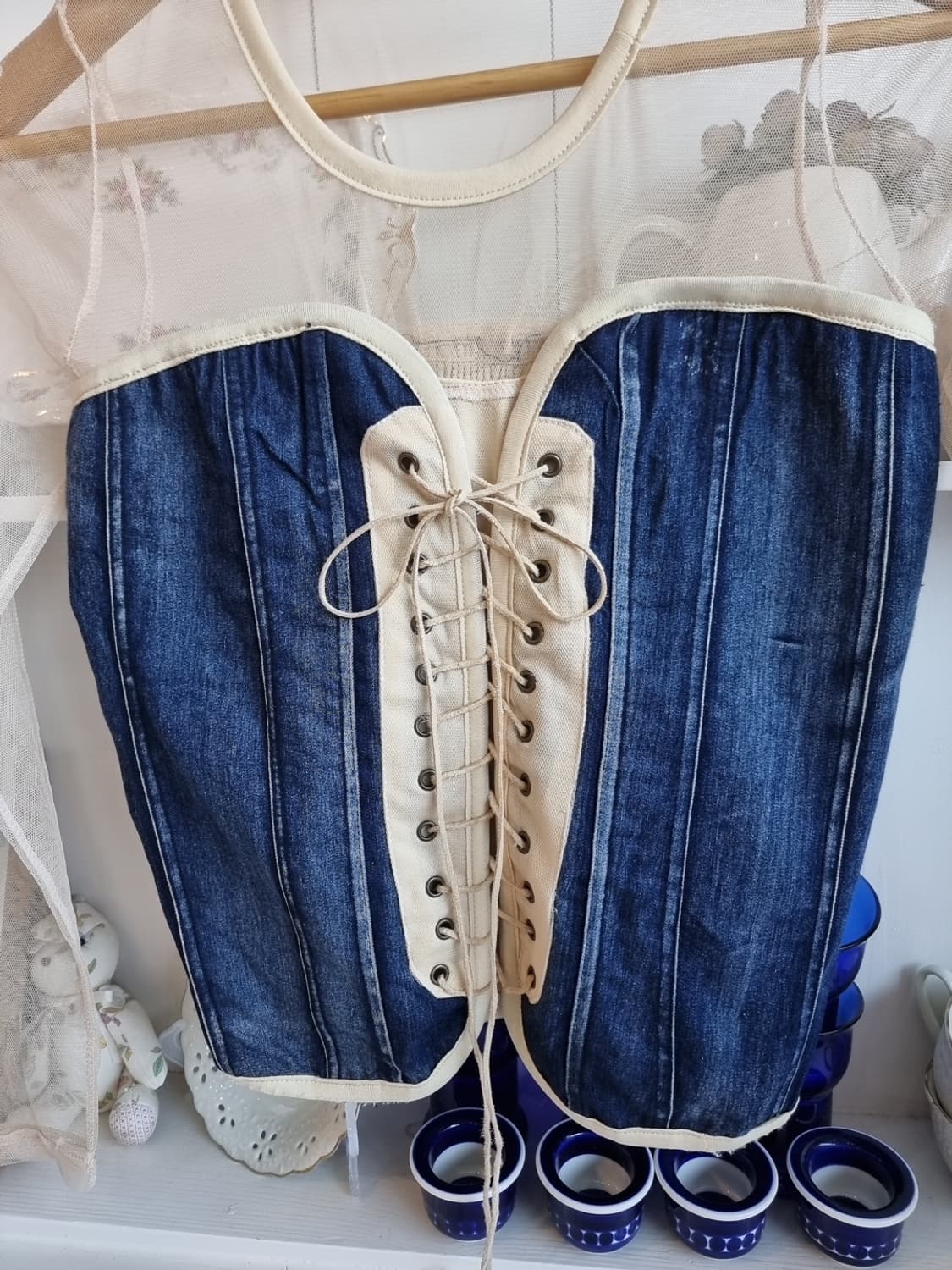 시스루 메쉬 + 데님 코르셋 블라우스 상품이미지2