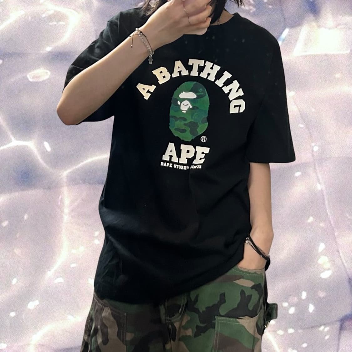 BAPE 베이프 퍼스트 카모 컬리지 반팔 티셔츠 블랙 그린 L 상품이미지1