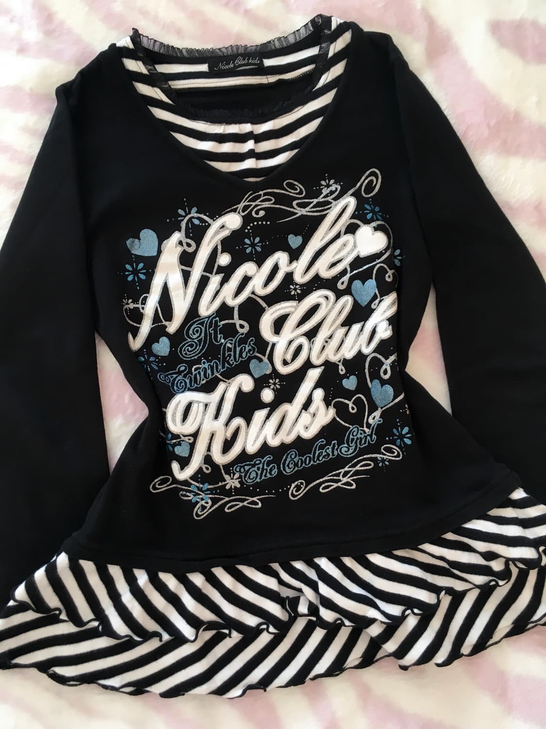 헤이세이 글리터 레터링 블랙블루 스트라이프 레이어드 탑 팝갸루 펑크 상품이미지4