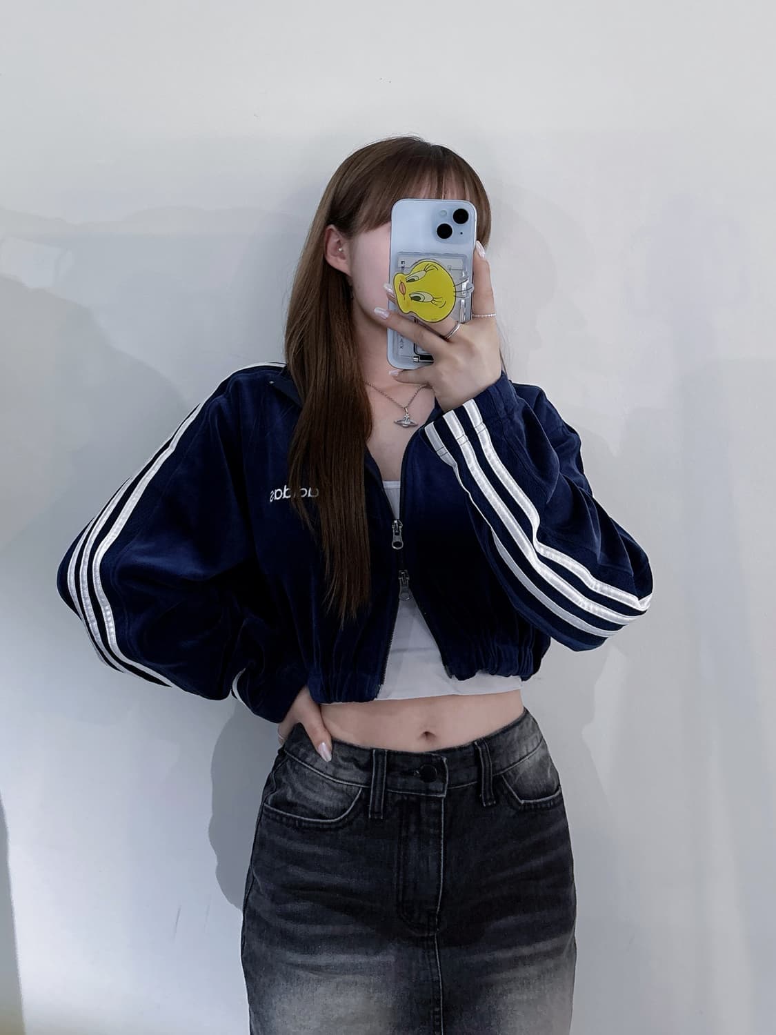 아디다스 네이비 벨벳 투웨이 크롭 트랙탑 상품이미지1
