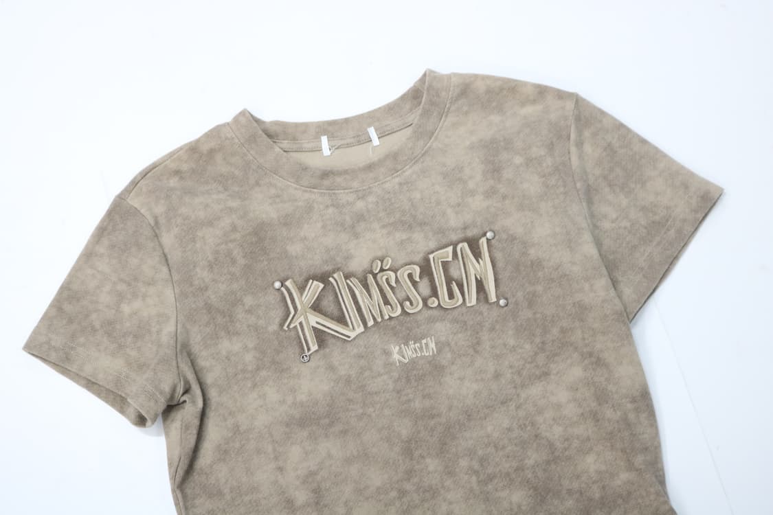 Kims's.CN 빈티지 워싱 자수 스터드 반팔티셔츠 (F) 상품이미지3