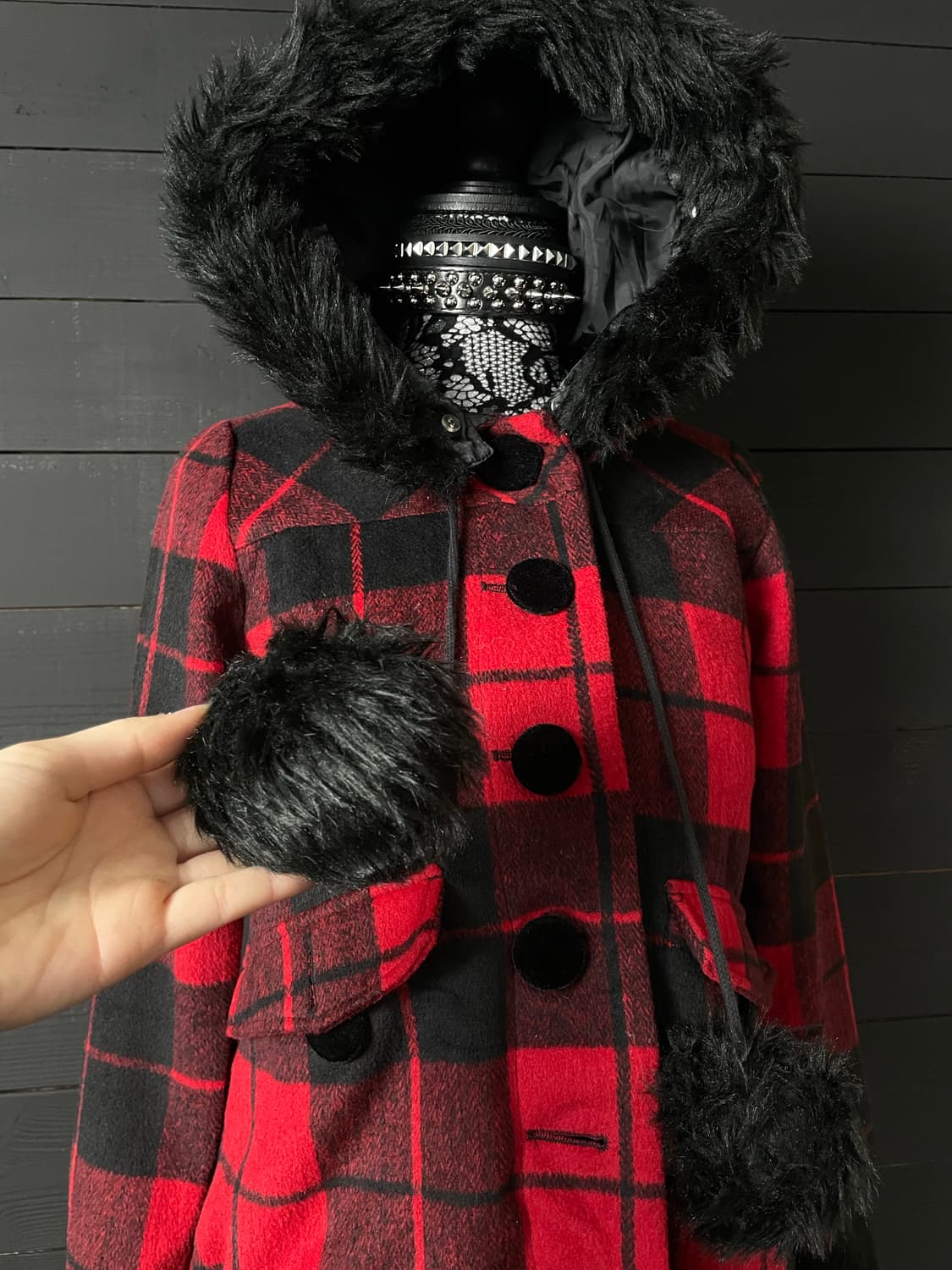 TRALALA 트랄랄라 펑크 퍼 레드 체크 패턴 큐롯 자켓 코트 상품이미지4