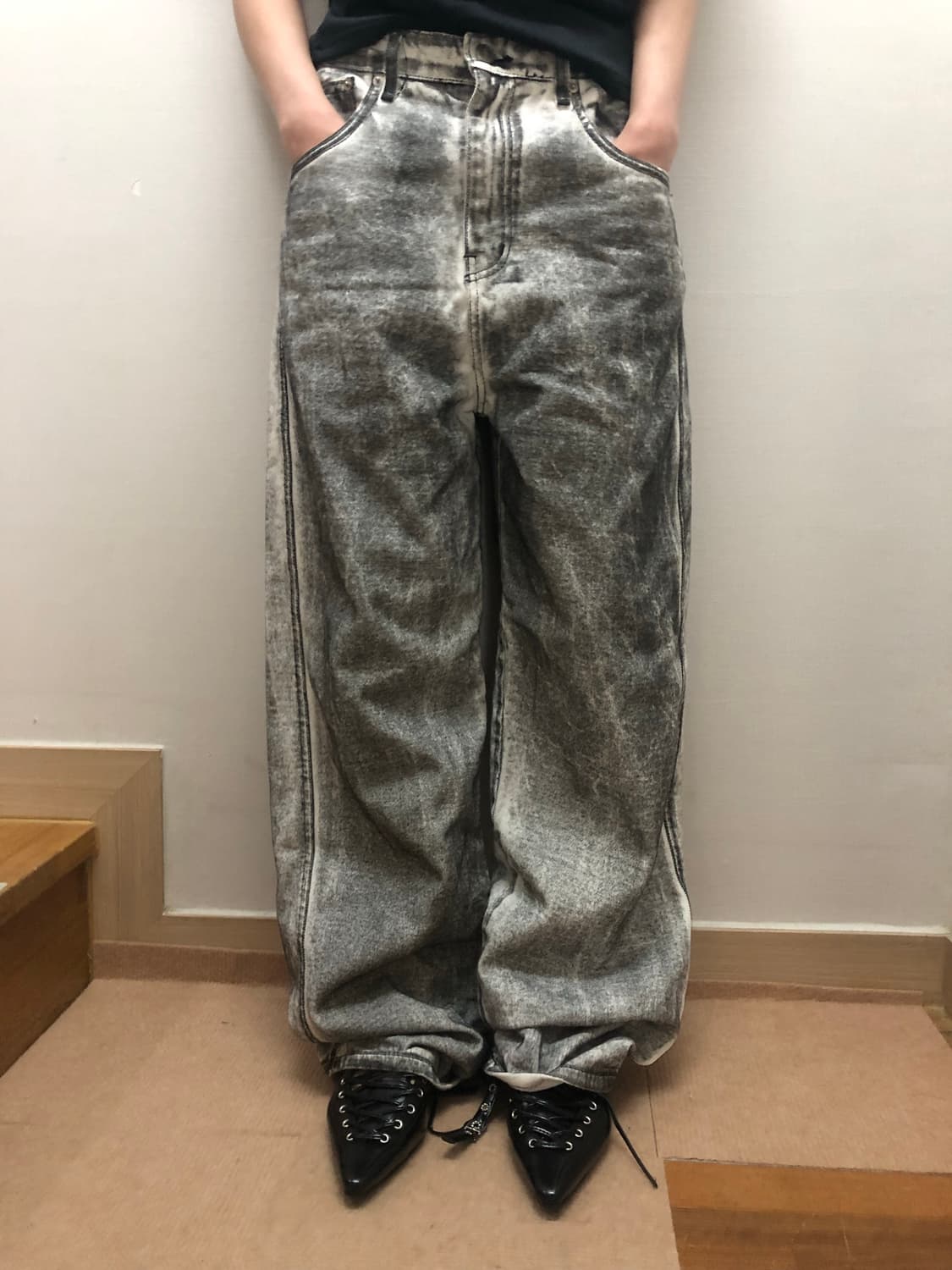 빈티지 블랙 앤 화이트 코팅 진 상품이미지2