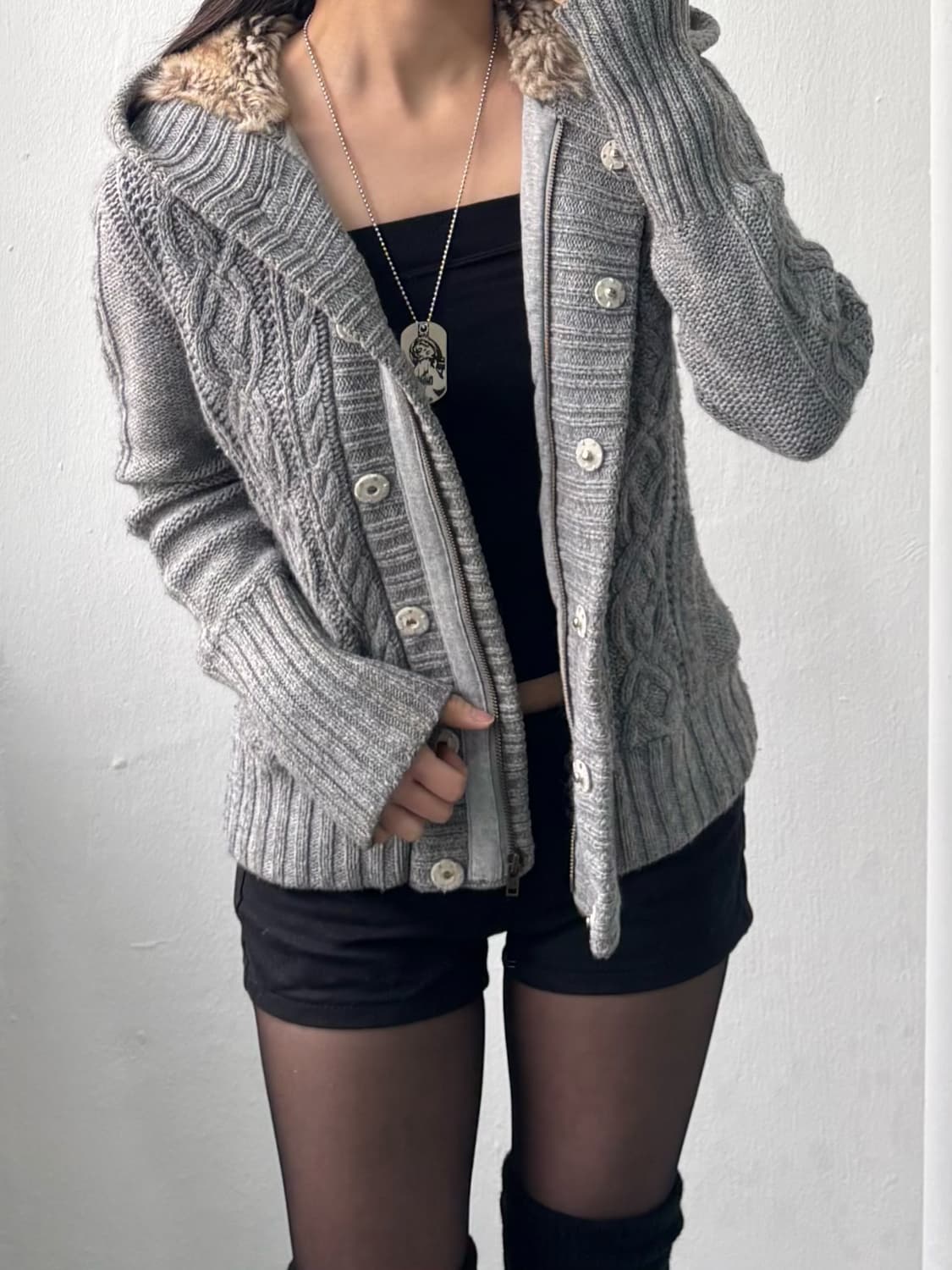 American Eagle Fur Hood Knit Zip-Up 상품이미지5