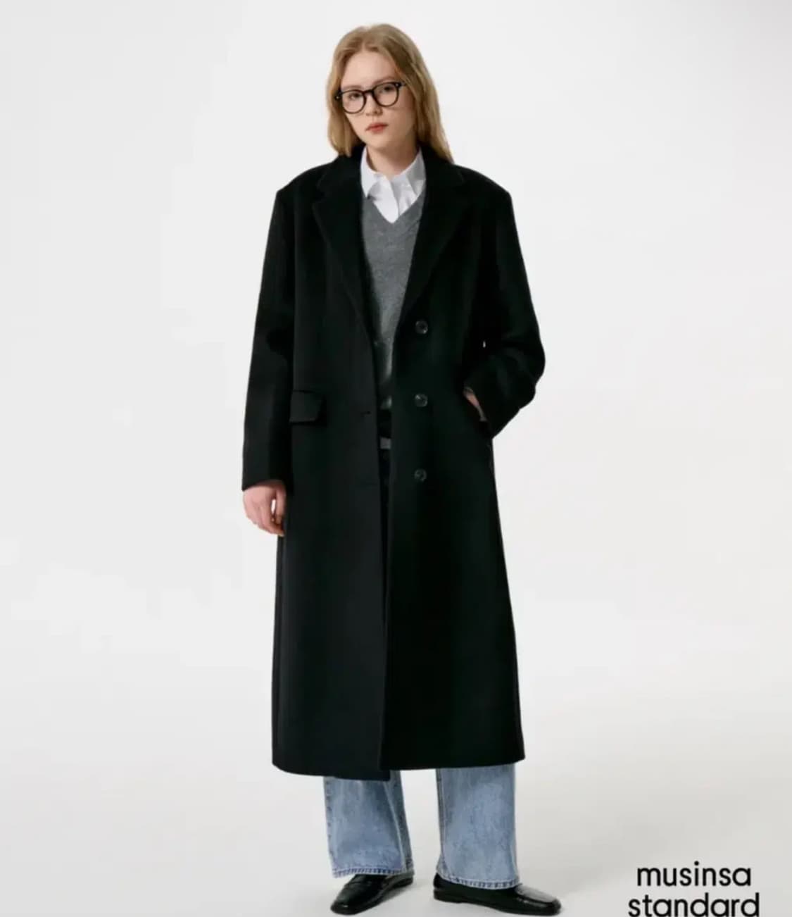 새상품) 무탠다드 우먼즈 캐시미어 블렌드 오버 숄더 싱글 코트 [블랙] 상품이미지2