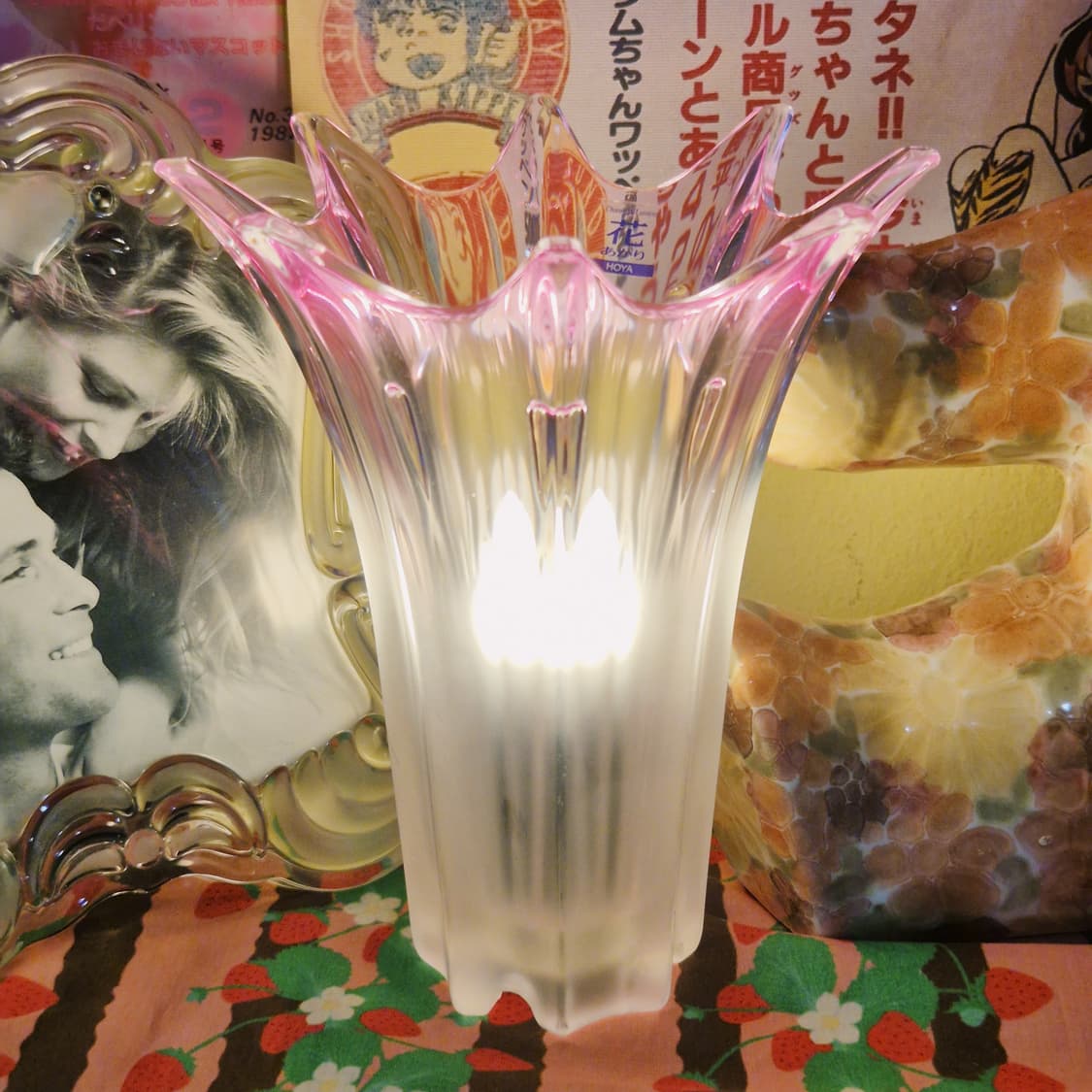 90s 호야 크리스탈 불투명 핑크 꽃병 램프 상품이미지10