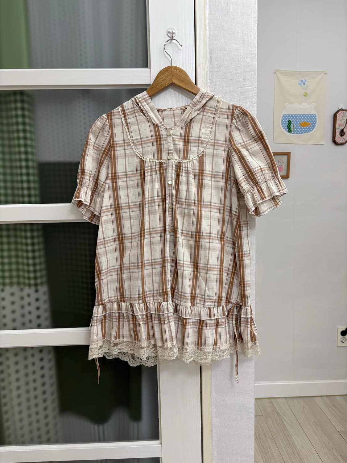 체크 후드 레이스 블라우스 상품이미지5