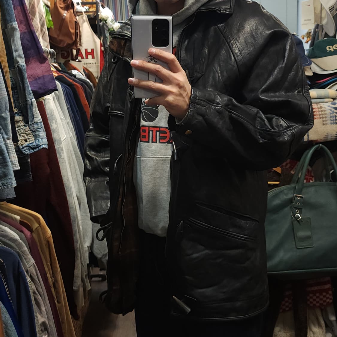 90s 프렌치 레더자켓 풀그레인 소가죽 더플코트 빈티지 가죽자켓 m 상품이미지10