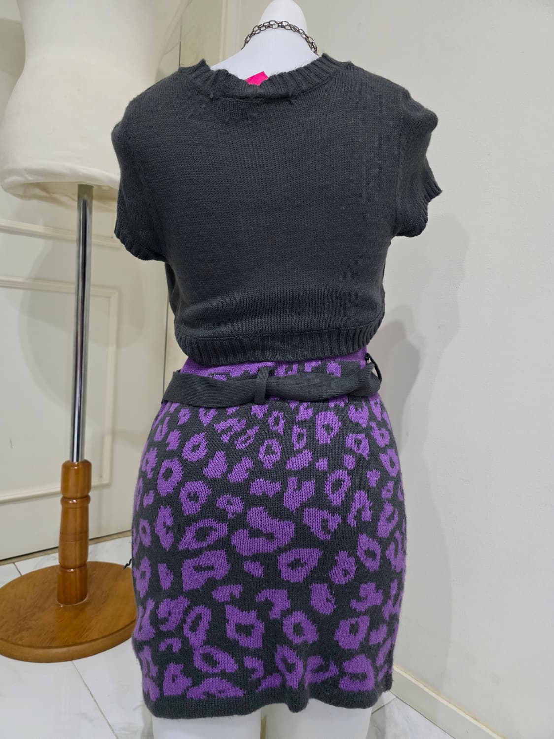 미국빈티지)퍼플 오네갸루st dia깔 호피레오파드니트벨트볼레로원피스y2k 상품이미지6