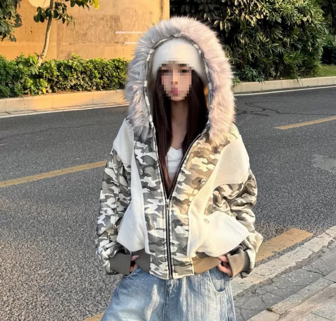 빈티지 카모 퍼 후드 오버핏 자켓 상품이미지1