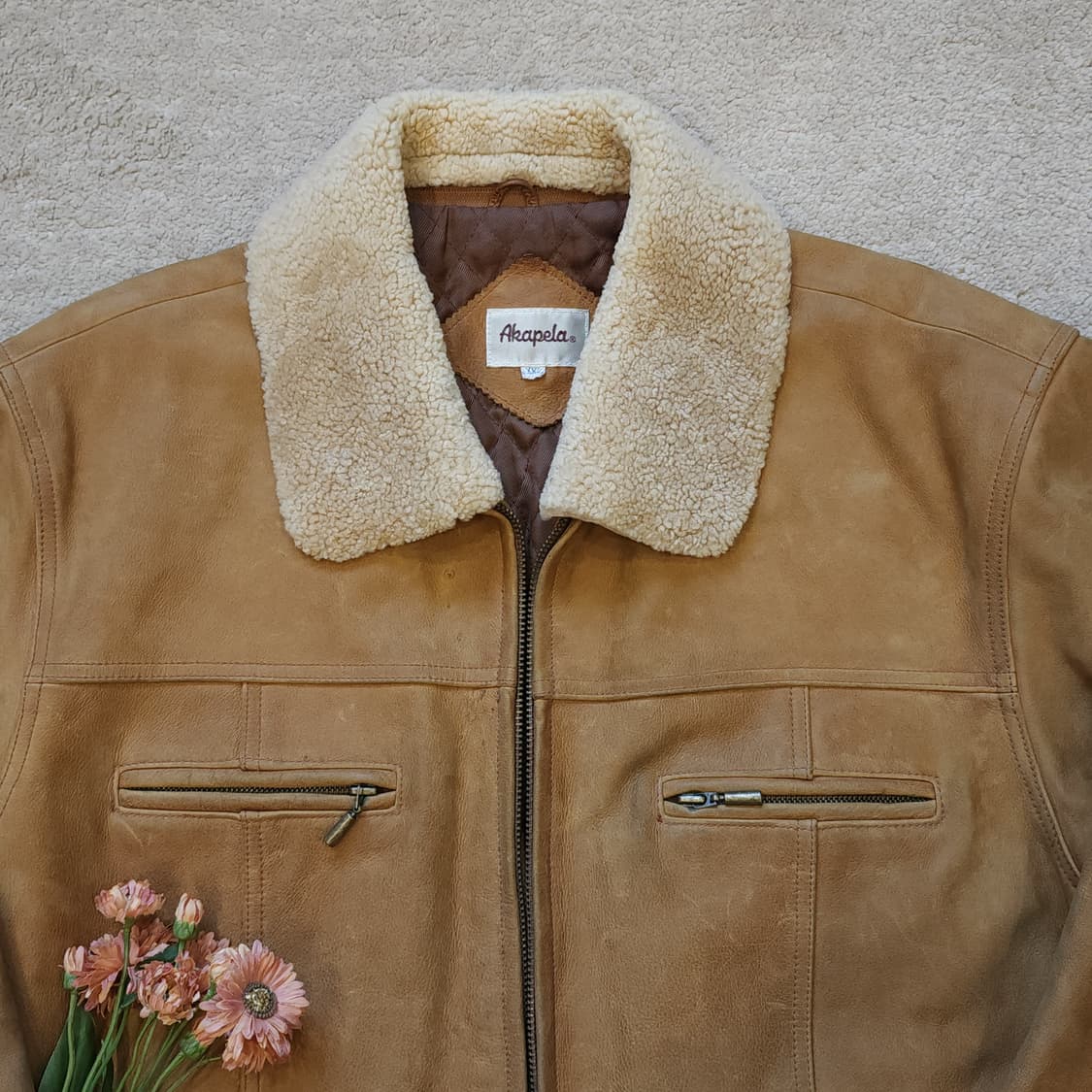 90s 아카펠라 왁스드 레더 프렌치 가죽자켓 양털 카라 빈티지  XXL 상품이미지5
